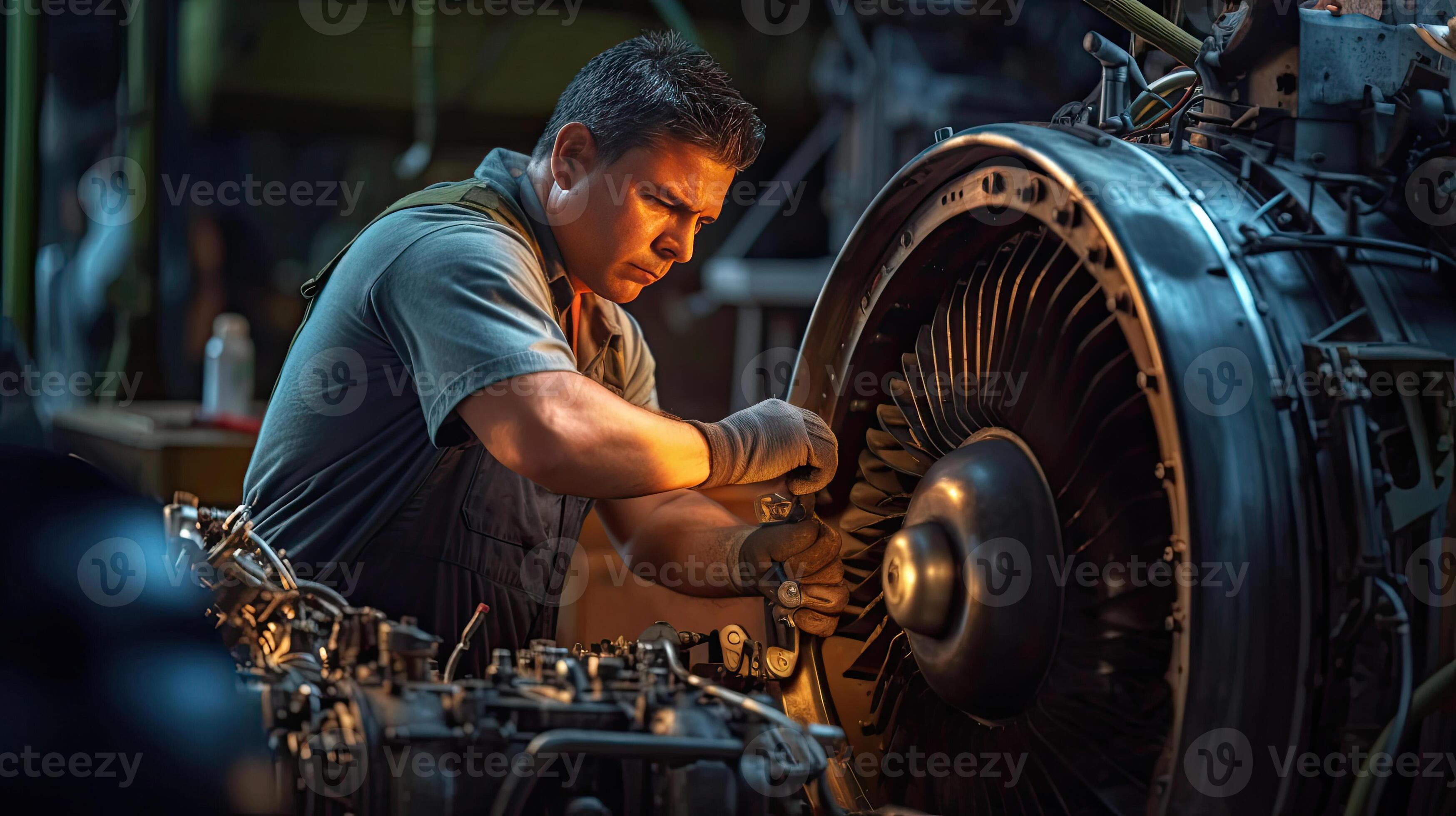 Aircraft Maintenance Mechanic Inspecting And Working On Airplane Jet aircraft-maintenance-mechanic-inspecting-and-working-on-airplane-jet