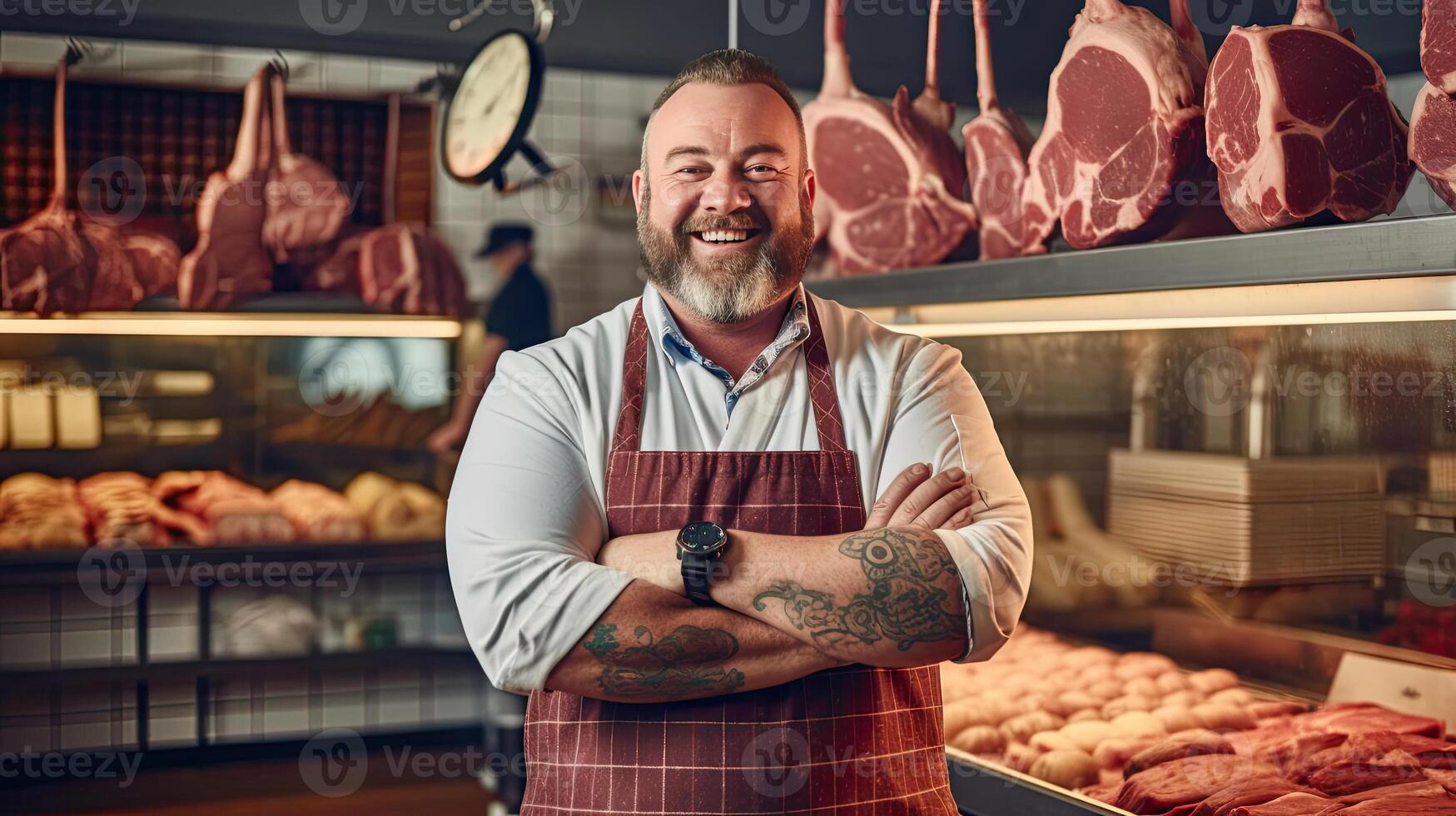 Portrait of A happy butcher standing with arms crossed in modern meat Portrait of A happy butcher standing with arms crossed in modern meat