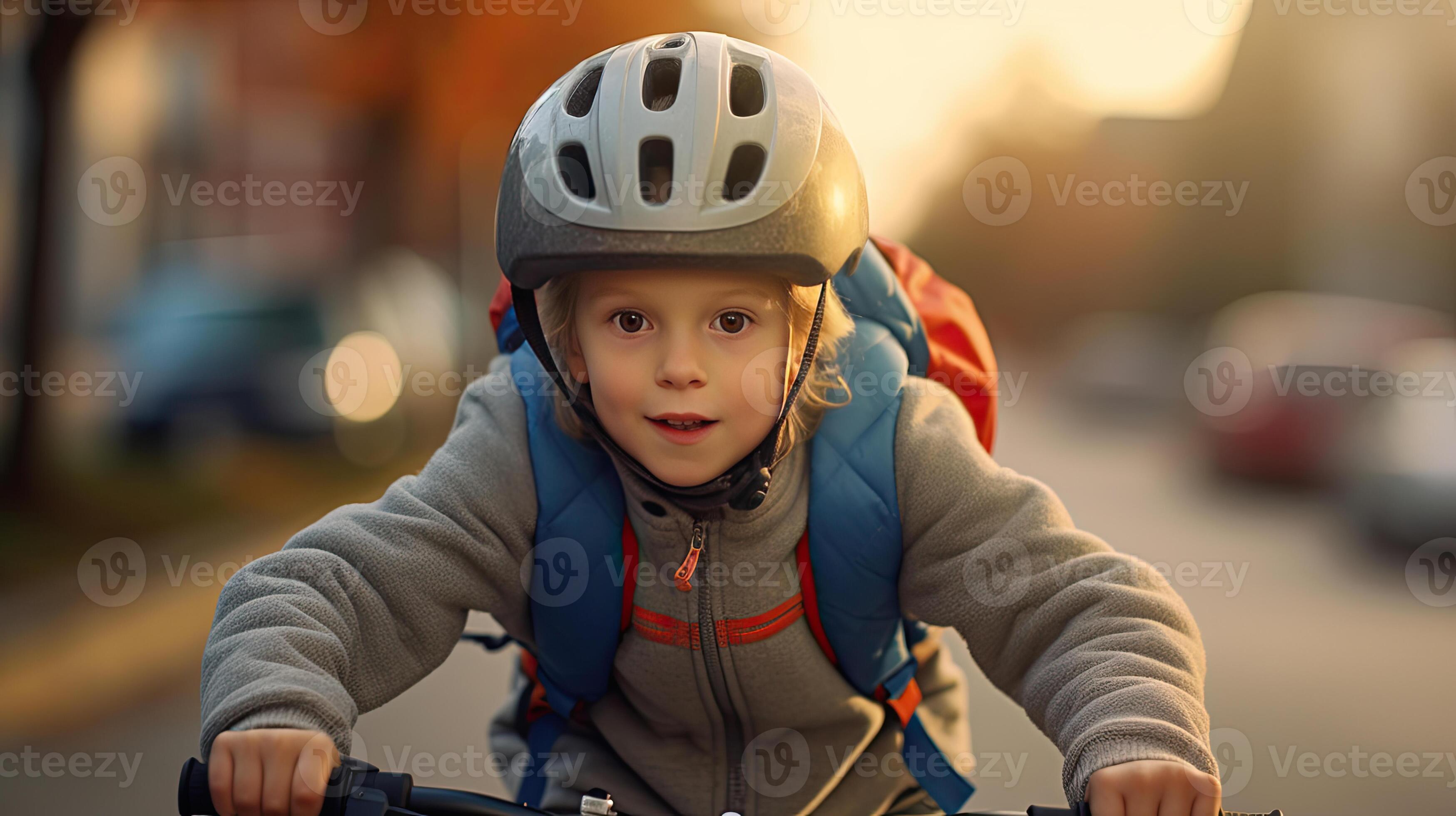 A child boy in bicycle helmet riding a bicycle for the first time