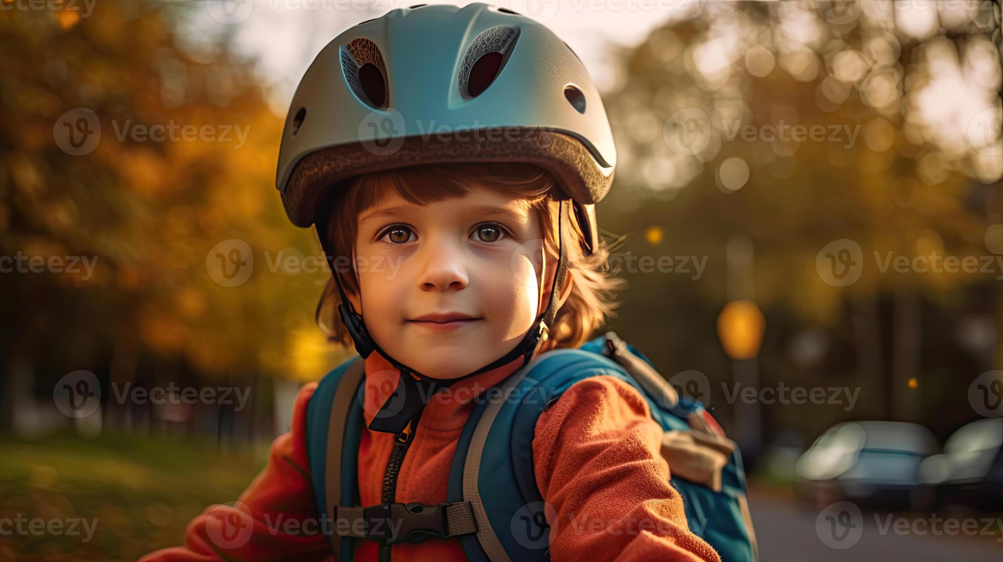 A child boy in bicycle helmet riding a bicycle for the first time