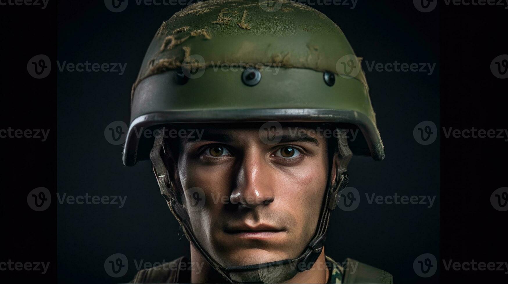 A male wearing green military helmet. Generative Ai photo