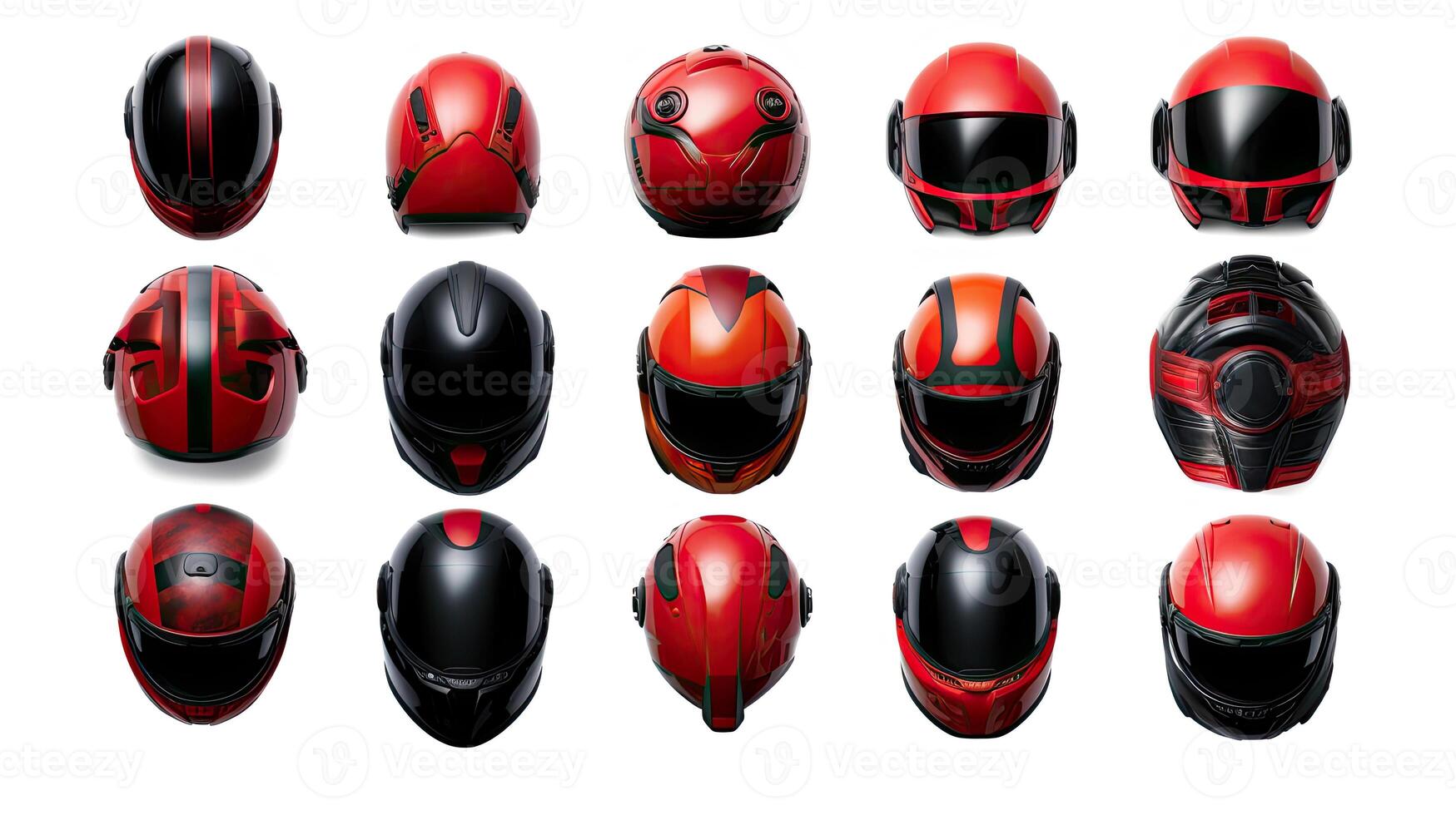 Set collection of red motorcycle carbon integral crash helmet isolated