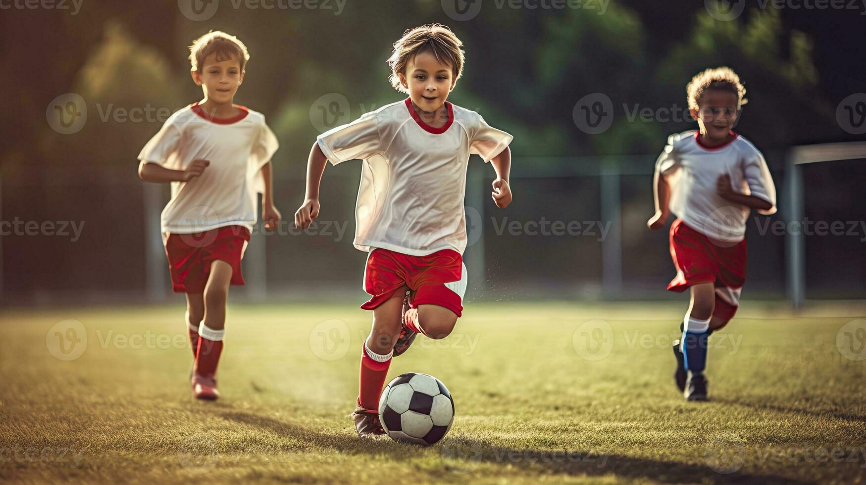 Group of young children players match on soccer field. Kids soccer football. Generative Ai photo