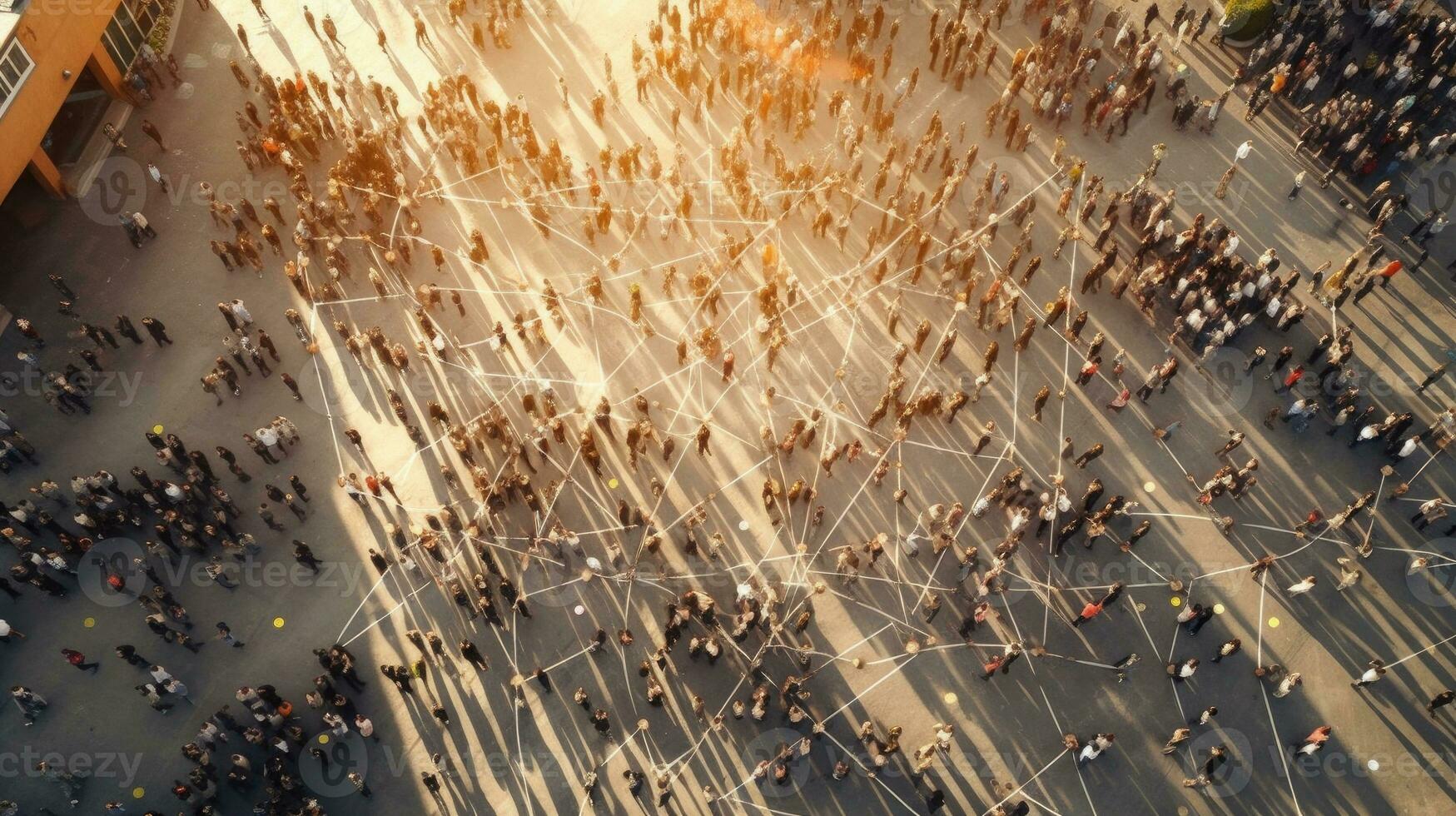 Aerial view of crowd people connected by lines, social media and communication concept. Community. Generative Ai photo