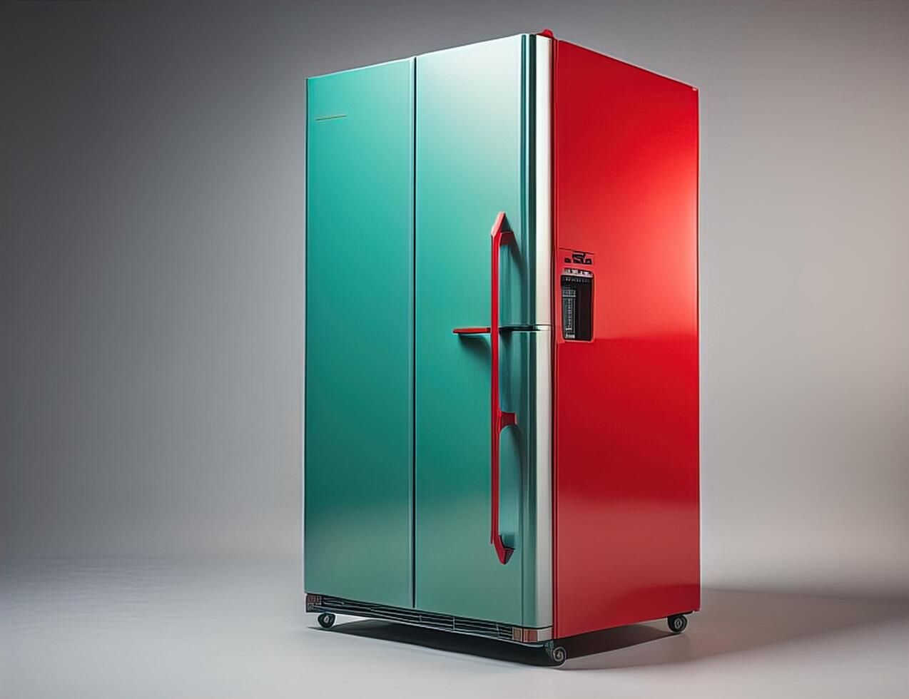 Red and green refrigerator on a gray background. photo