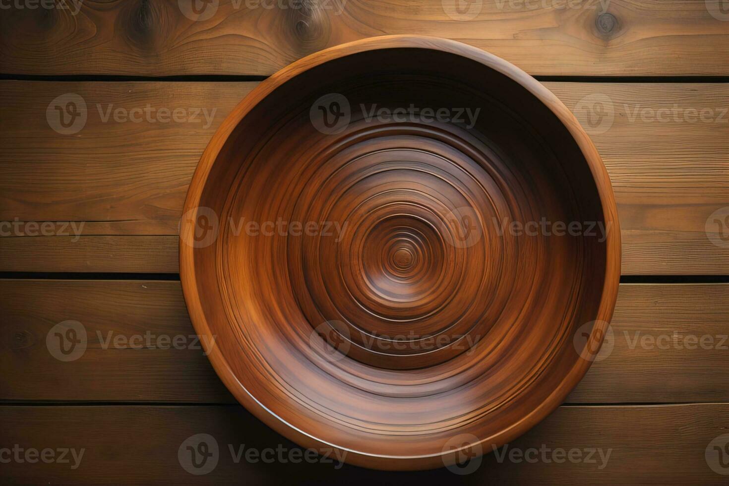 Empty wooden bowl on wooden background. Top view. Copy space. ai generative photo