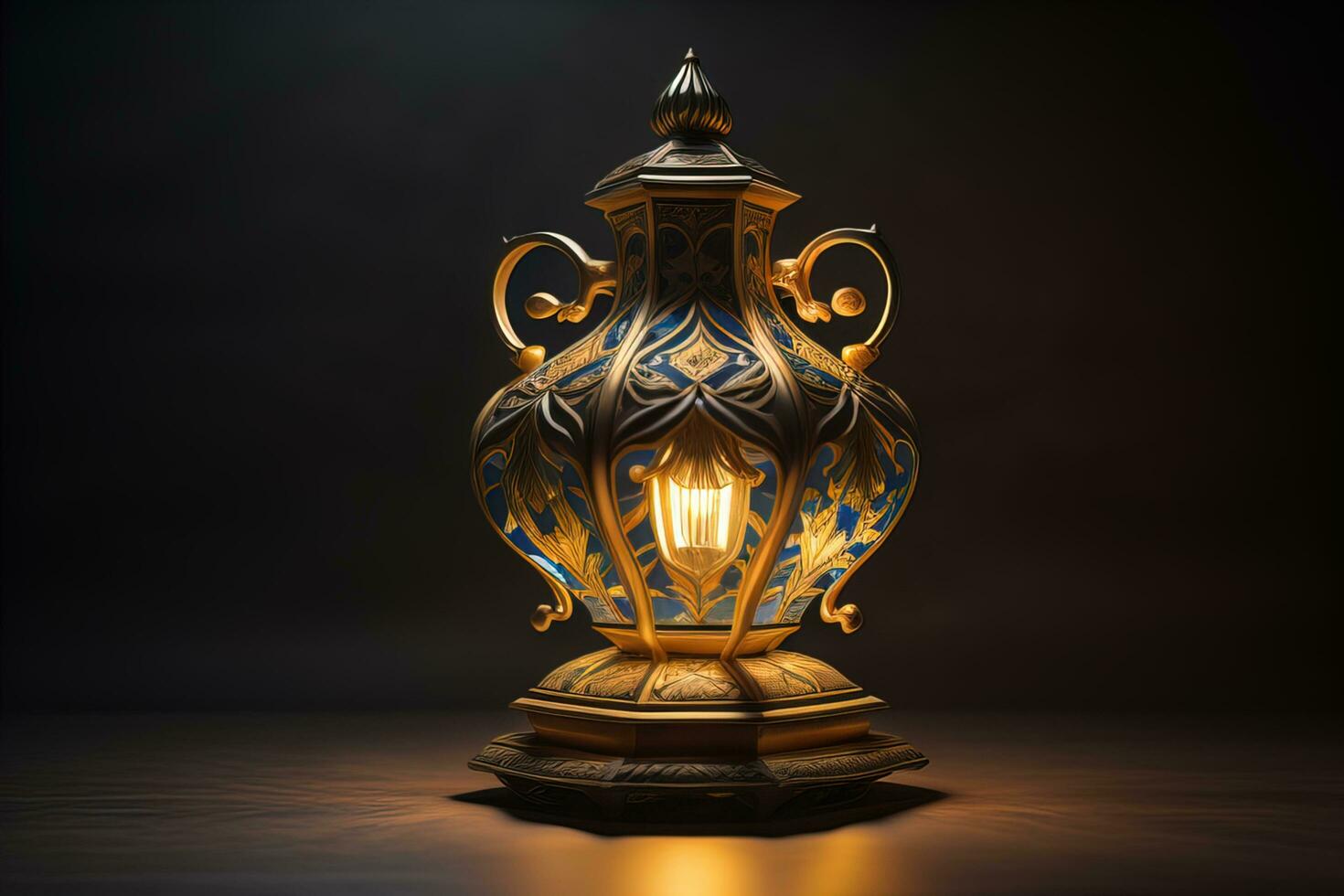 Lantern on a wooden table and a dark background. ai generative photo