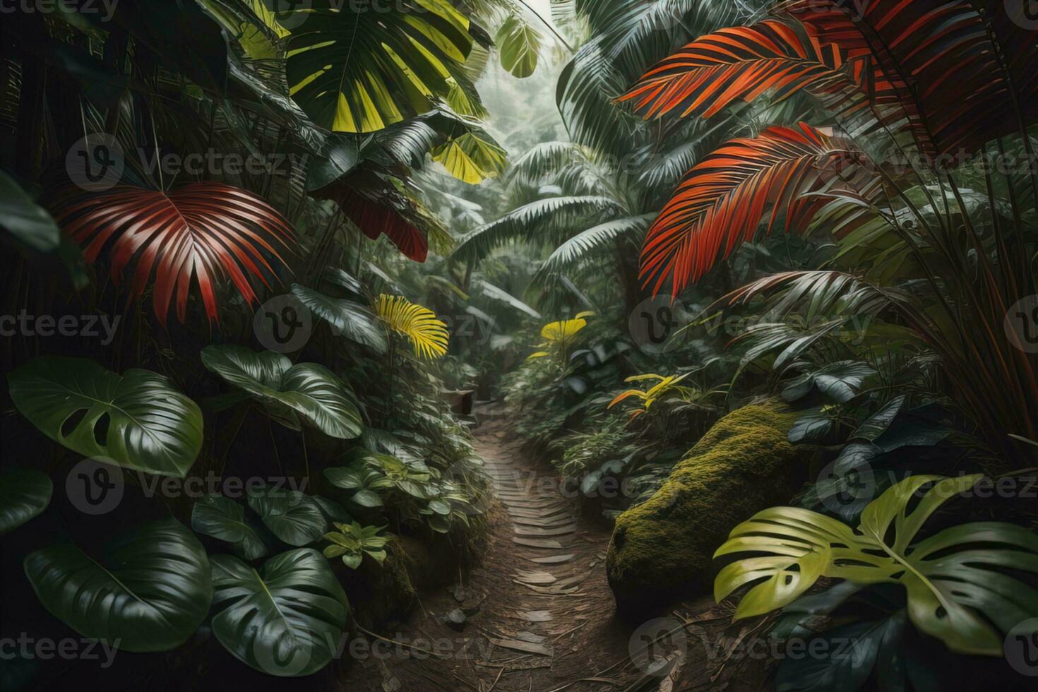 A pathway in tropical rainforest with palm trees and path in the mist. ai generative photo
