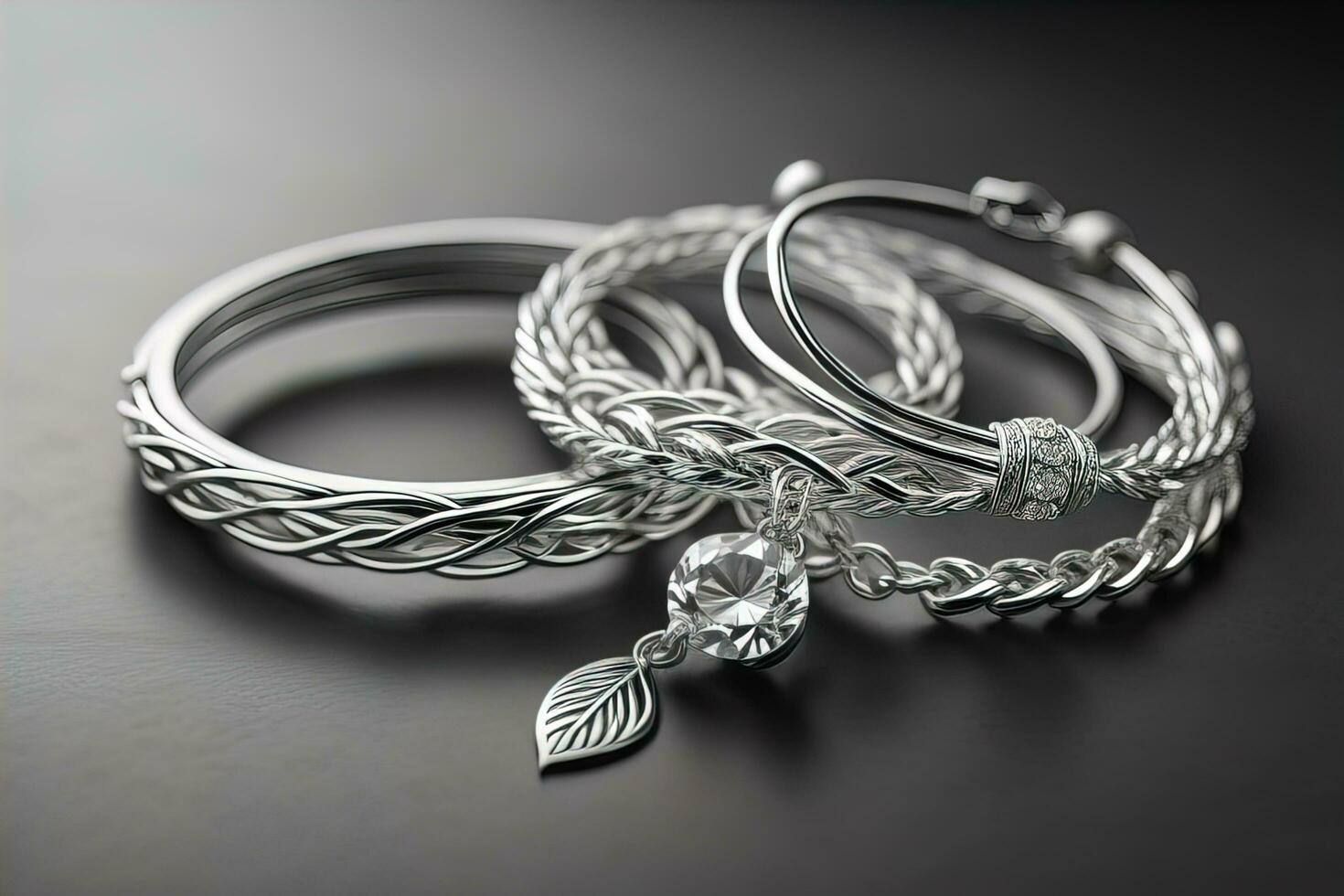 Silver necklace on a solid color background in close-up. ai generative photo