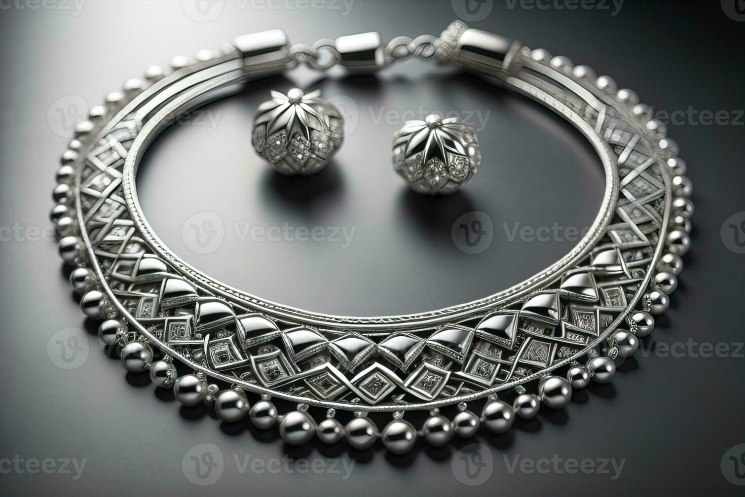 Silver necklace on a solid color background in close-up. ai generative photo