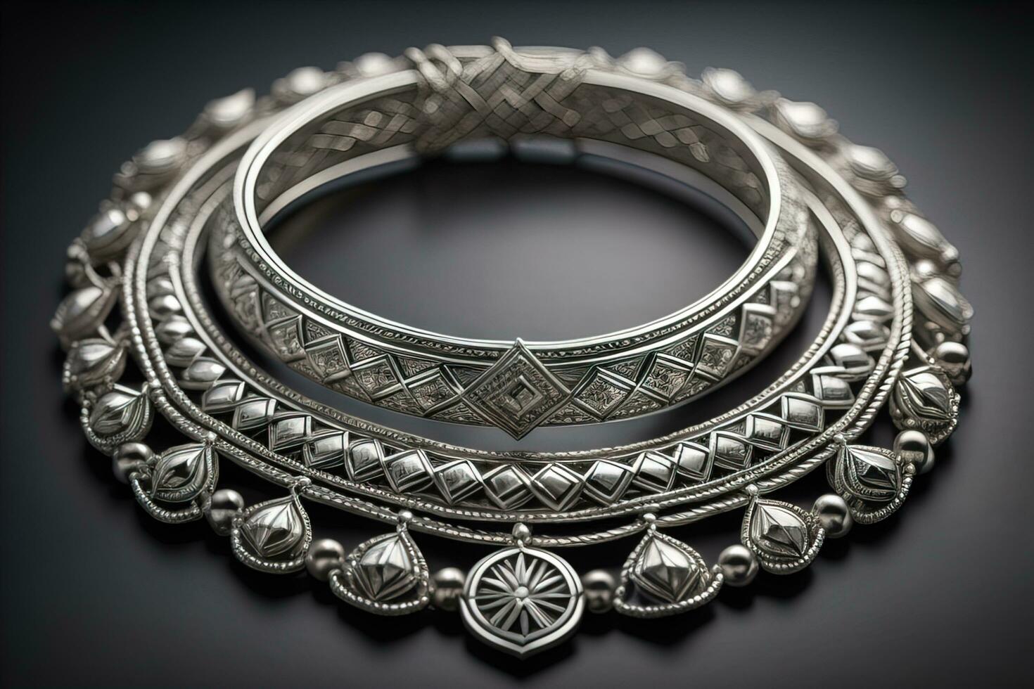 Silver necklace on a solid color background in close-up. ai generative photo