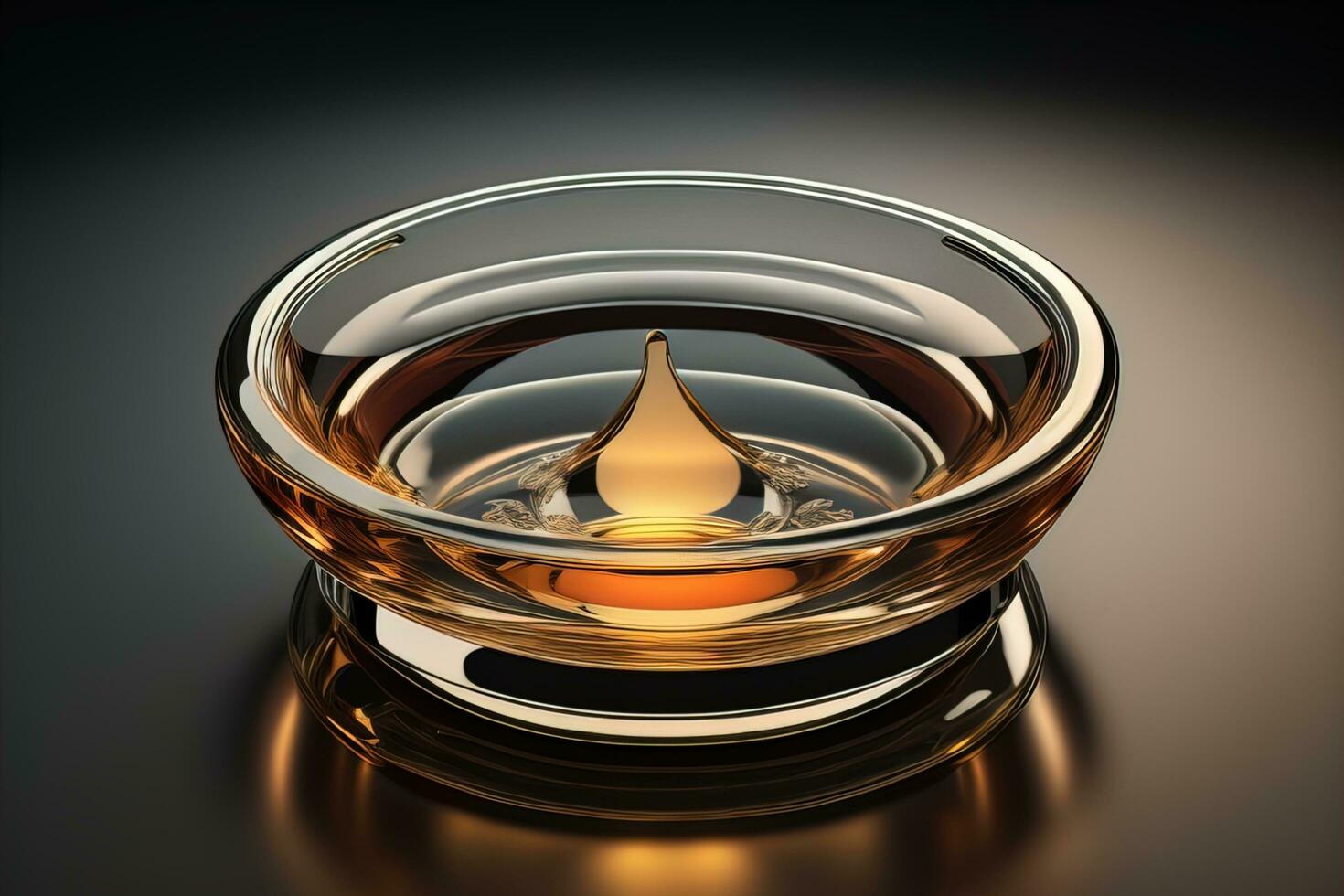 Empty glossy transparent ashtray on a dark background. ai generative photo