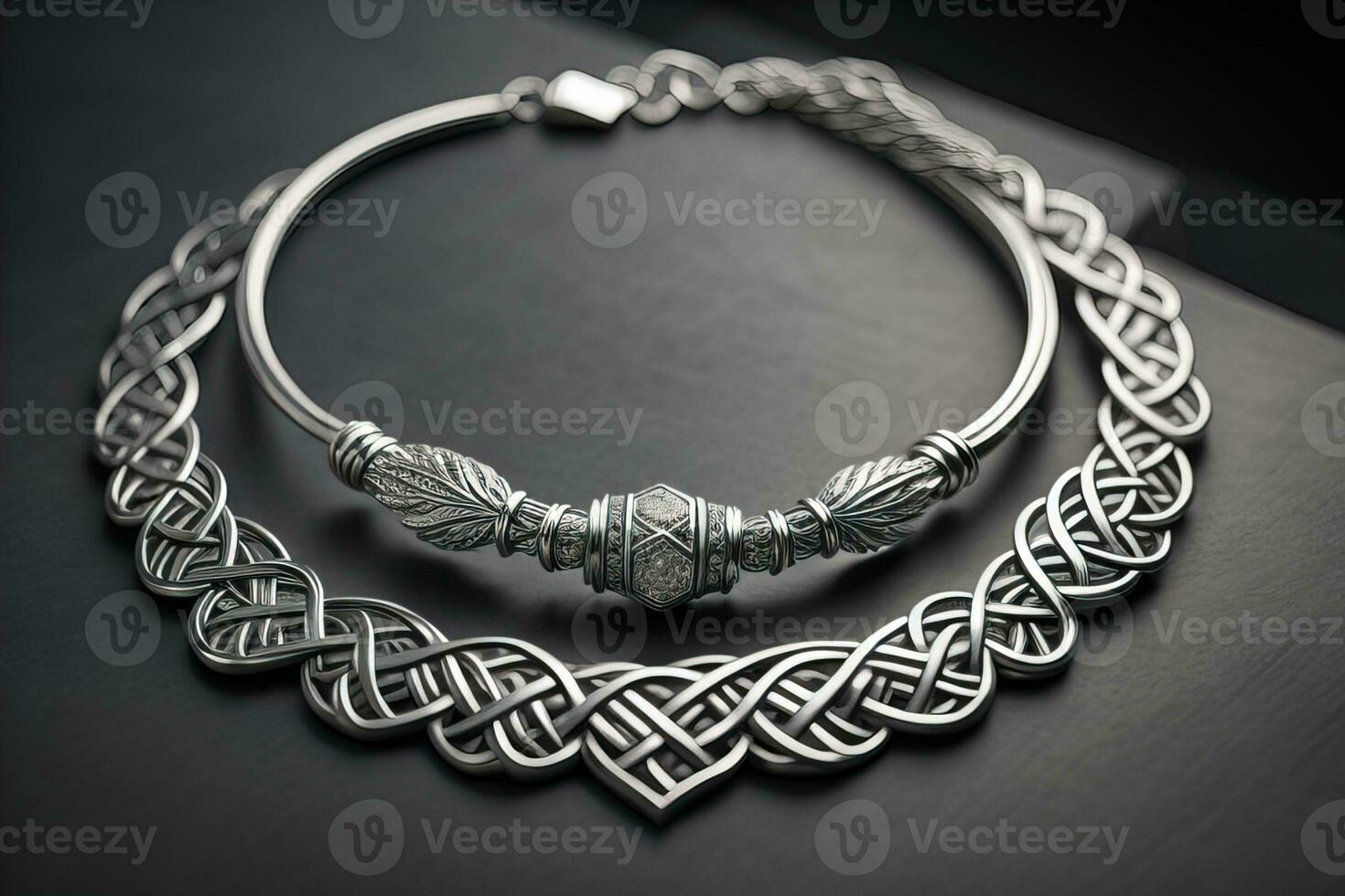 Silver necklace on a solid color background in close-up. ai generative photo