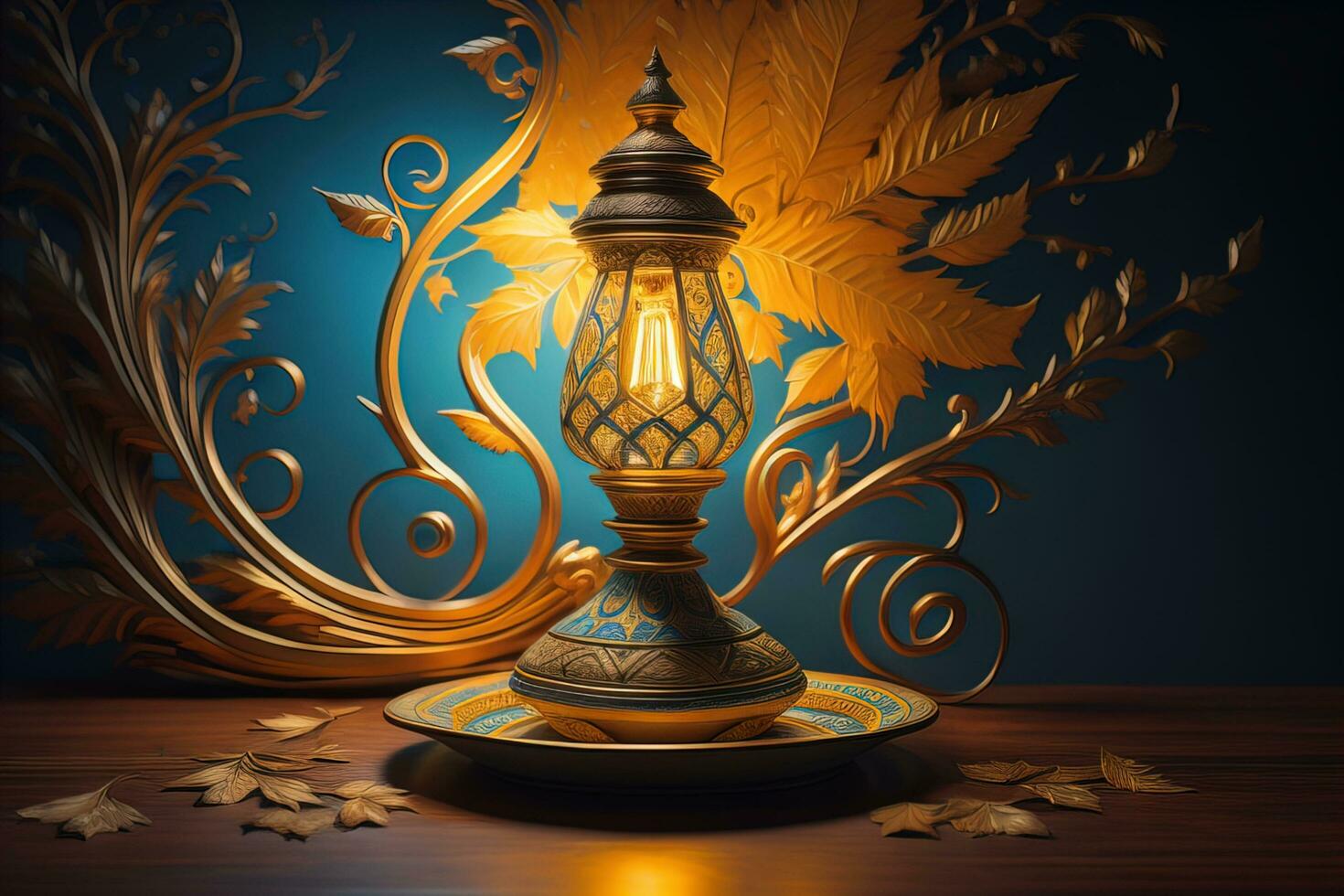 Lantern on a wooden table and a dark background. ai generative photo