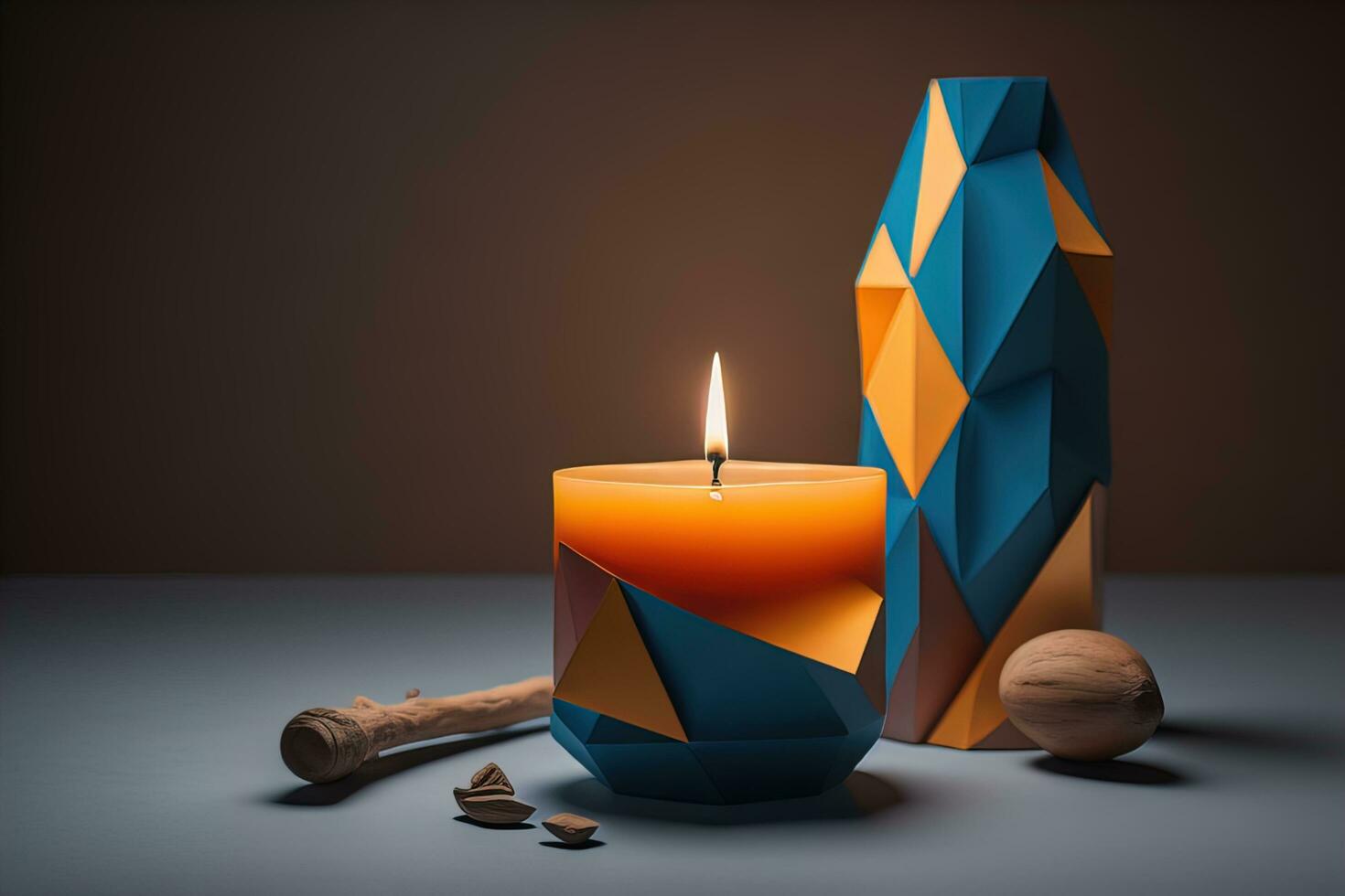 Creative burning candle on a wooden background. ai generative photo
