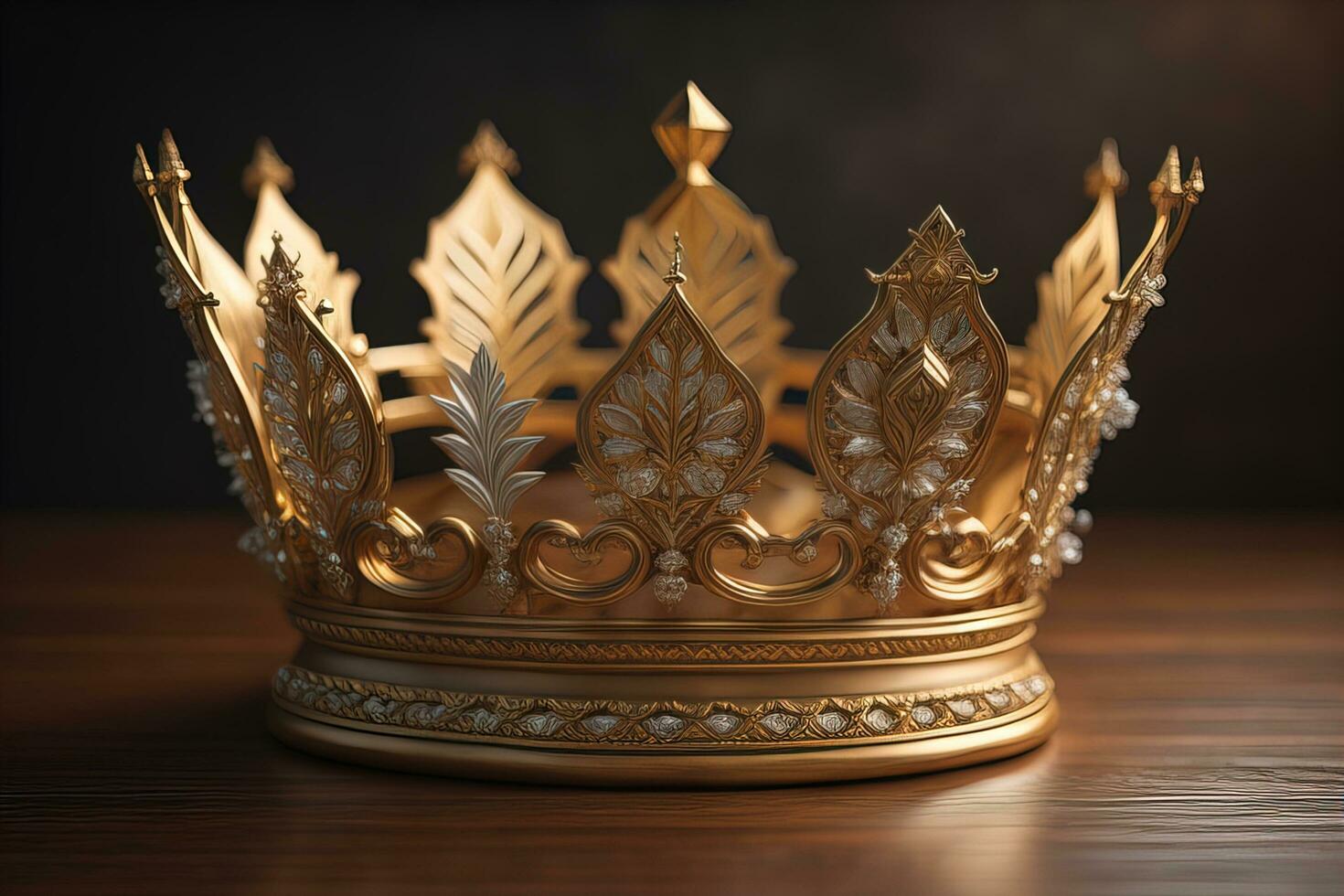 low key image of beautiful golden queen, king crown. ai generative photo