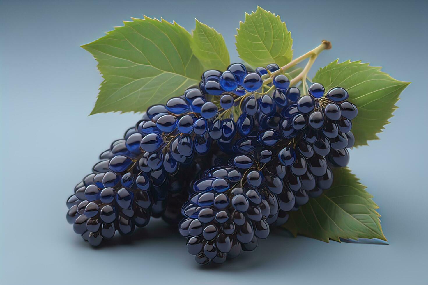 Bunch of ripe black elderberry with green leaves on dark background. ai generative photo