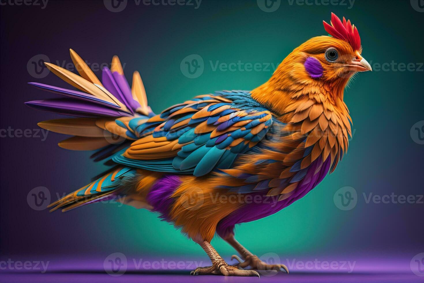 Colorful chicken on a solid color background, studio photo. ai generative photo