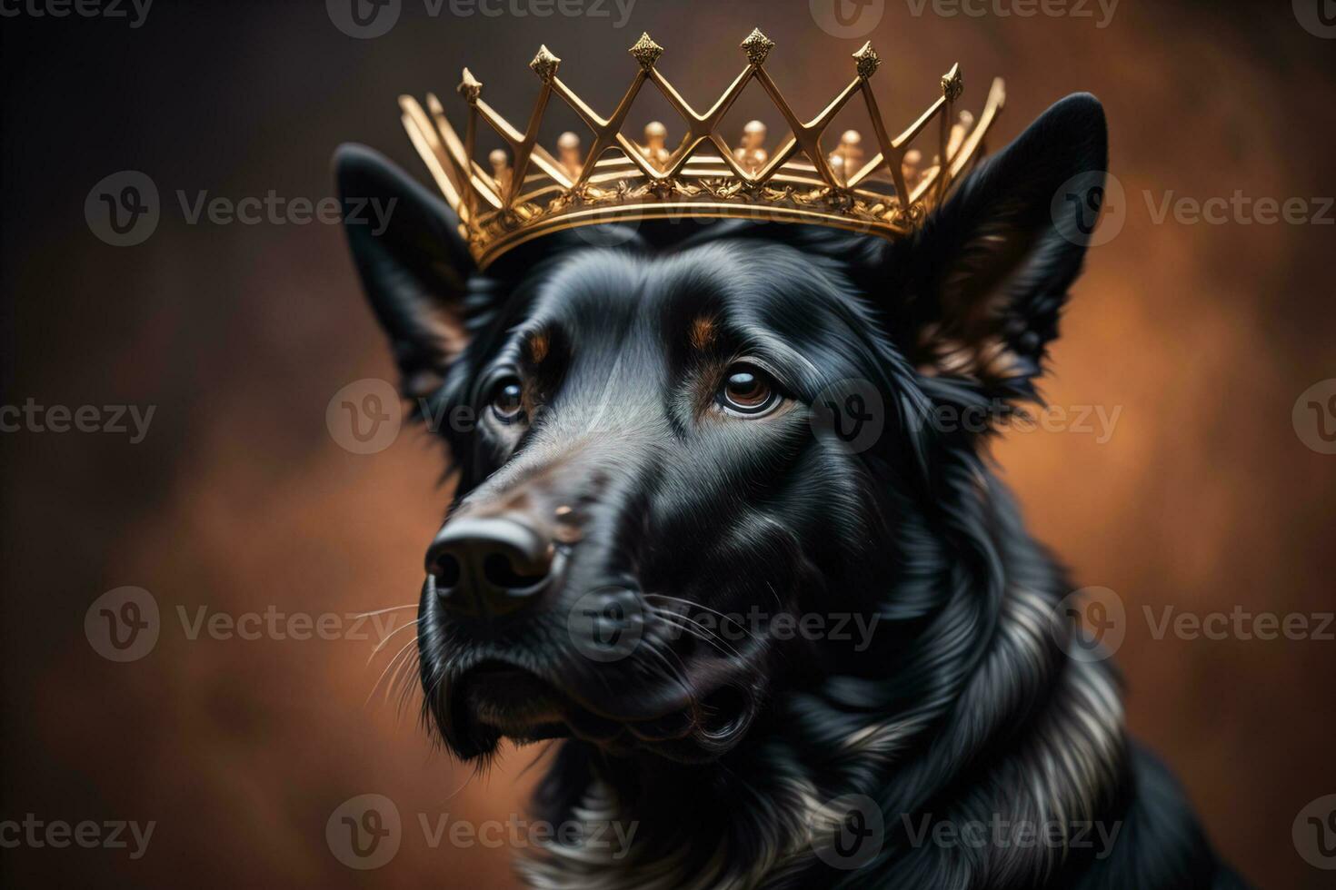 Portrait of a cute dog in a golden crown on a solid color background. ai generative photo