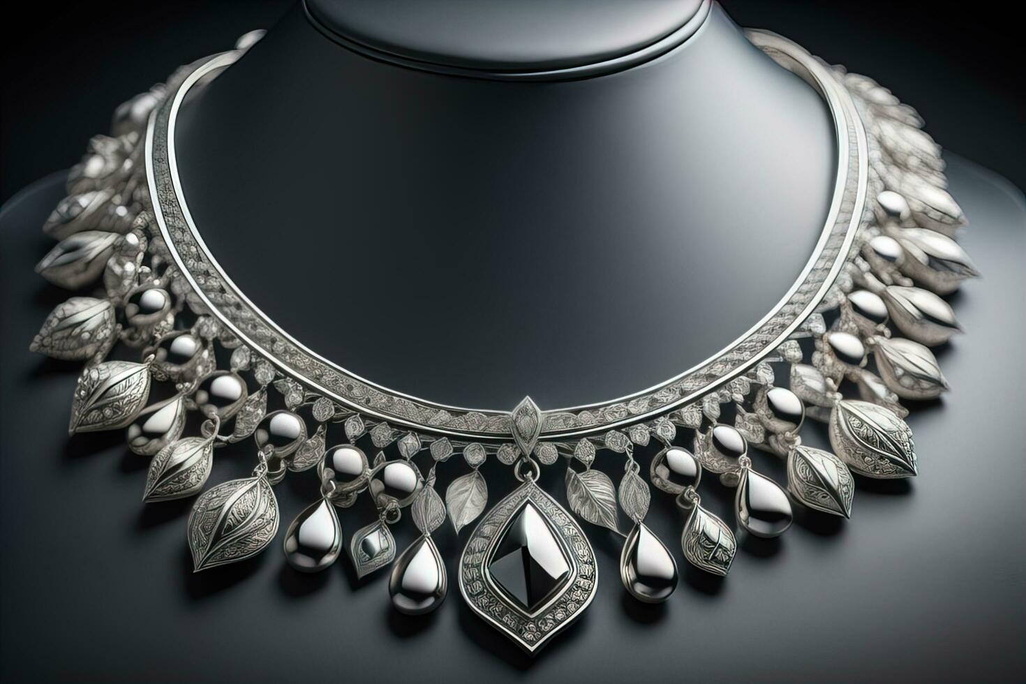 Silver necklace on a solid color background in close-up. ai generative photo