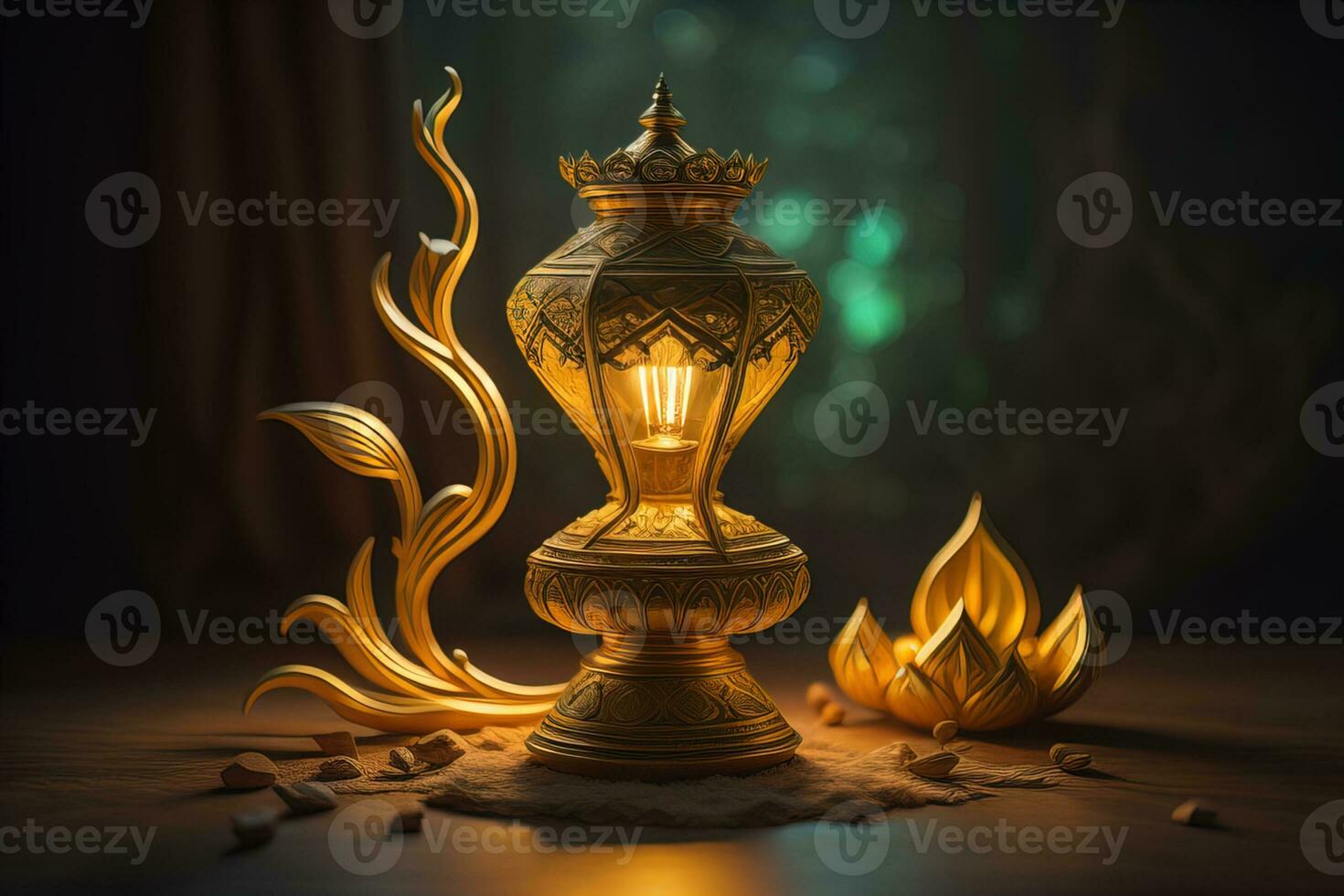 Lantern on a wooden table and a dark background. ai generative photo