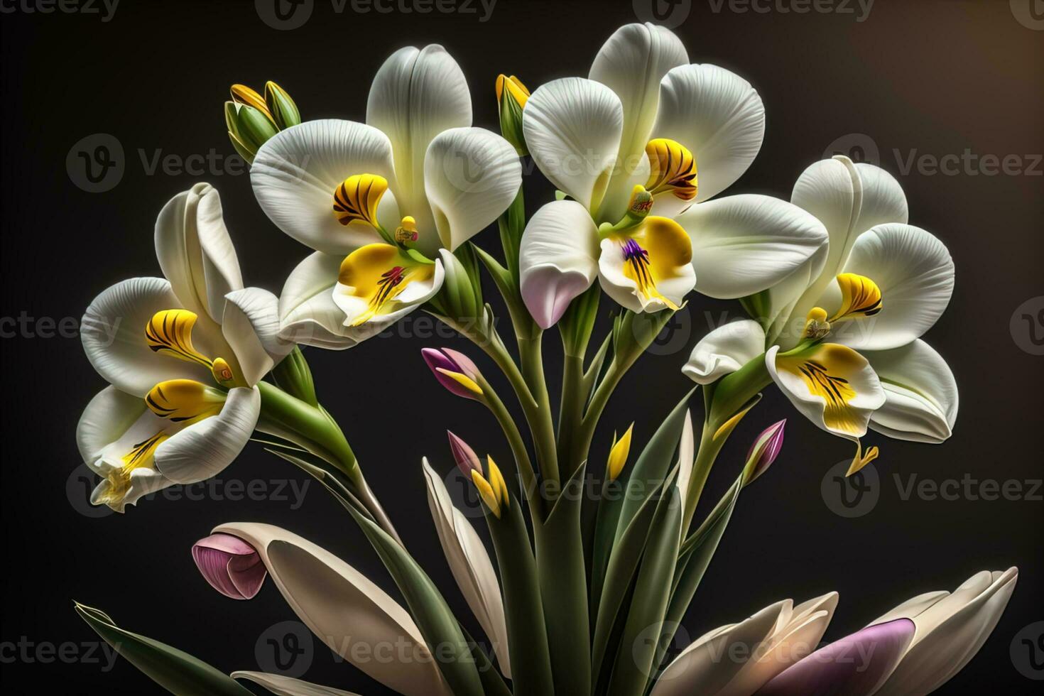 Bouquet of crocus and tulips on solid color background. ai generative photo