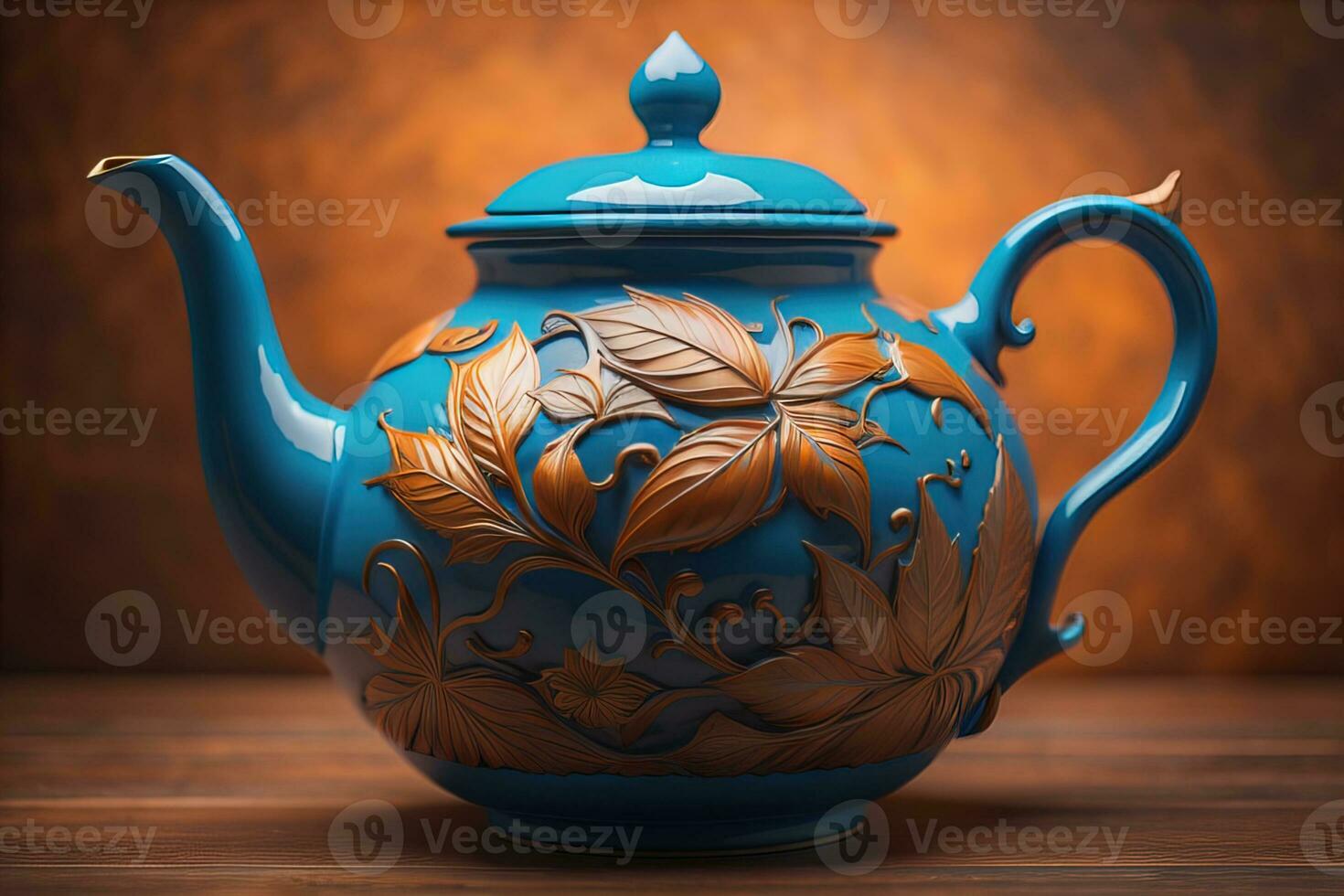 A ceramic teapot on a colid color background. ai generative photo