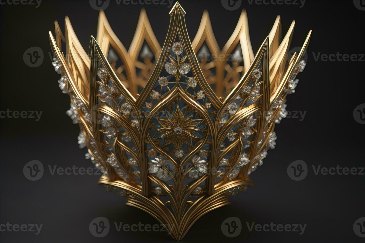 low key image of beautiful golden queen, king crown. ai generative photo