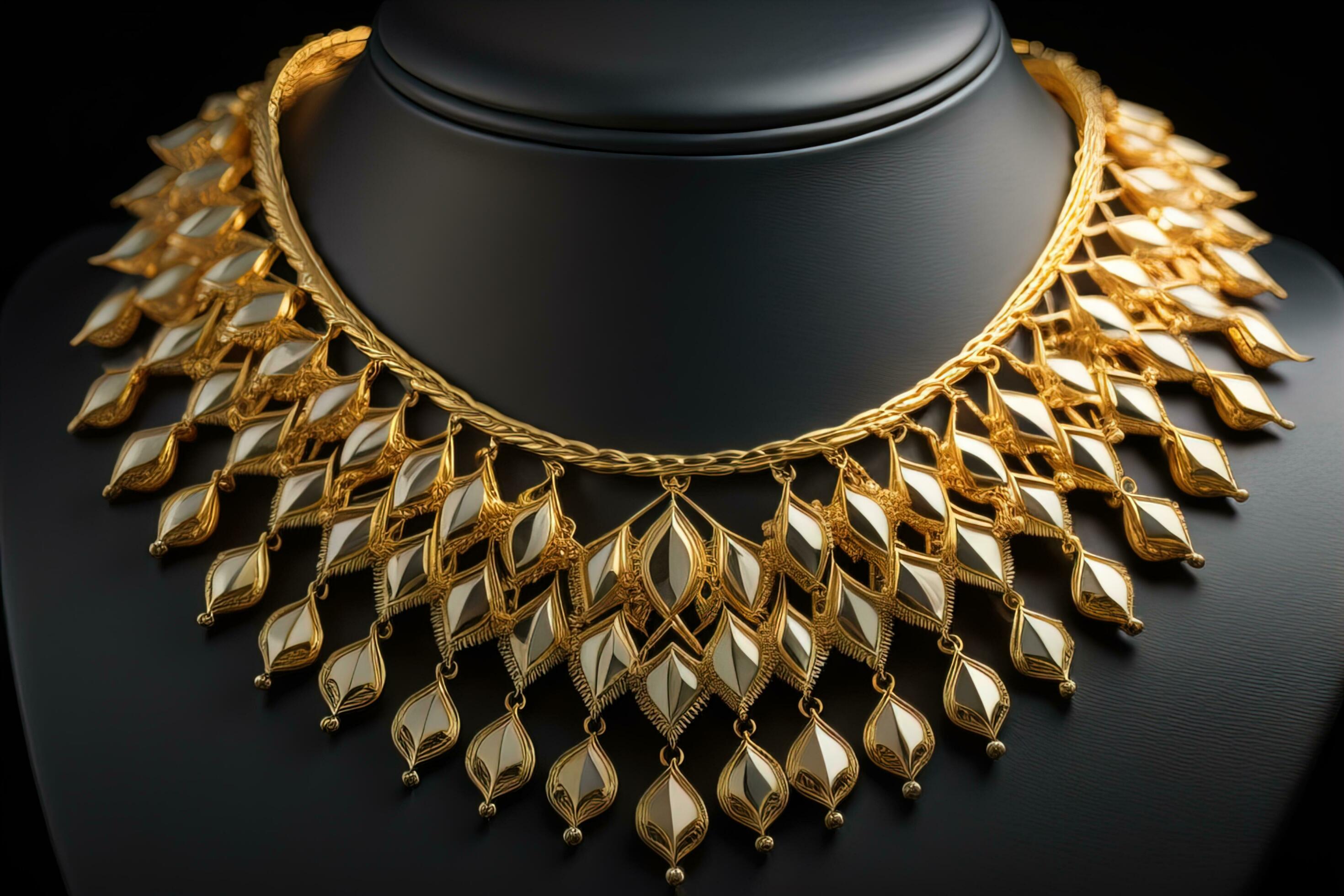 Gold necklace on a mannequin on a black background. ai generative