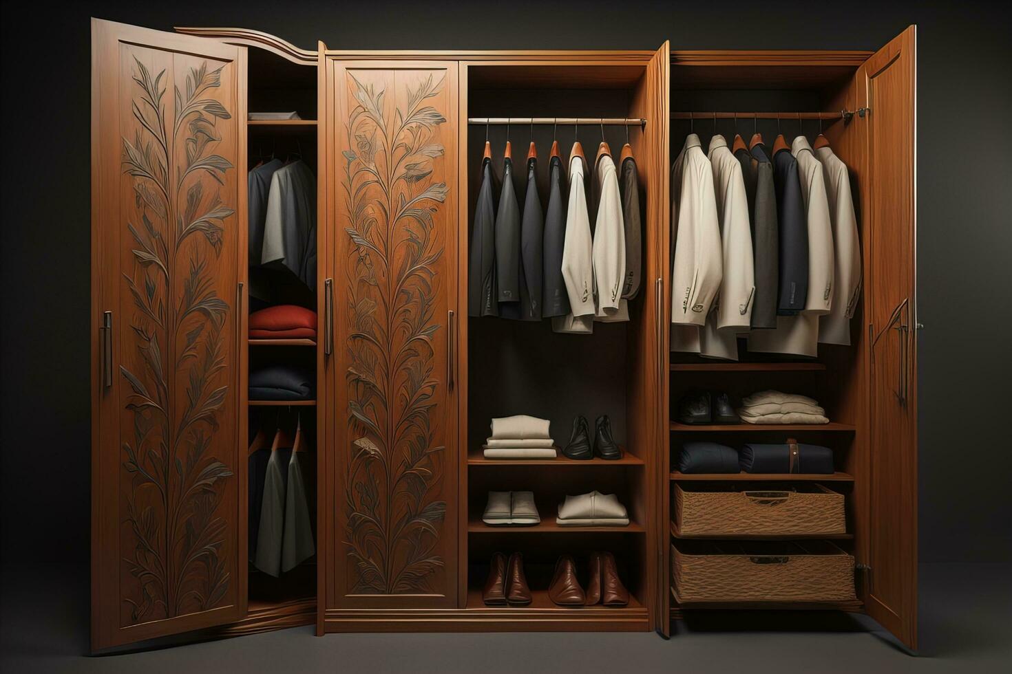 Wardrobe with clothes in the room. Toned image. ai generative photo