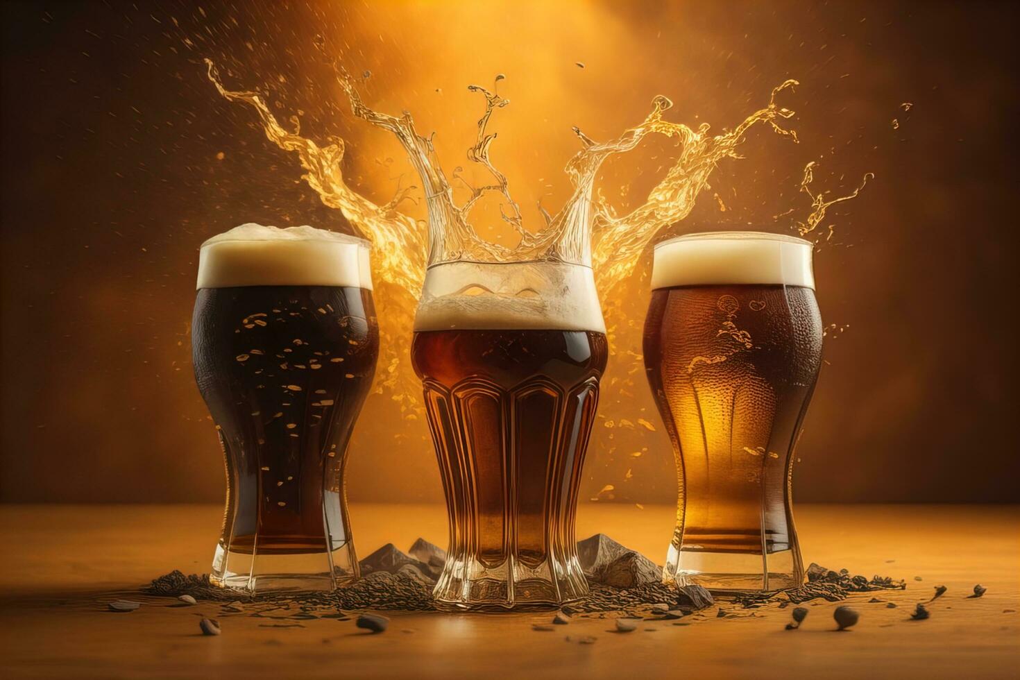 Glasses of different beer on a solid color background. ai generative photo
