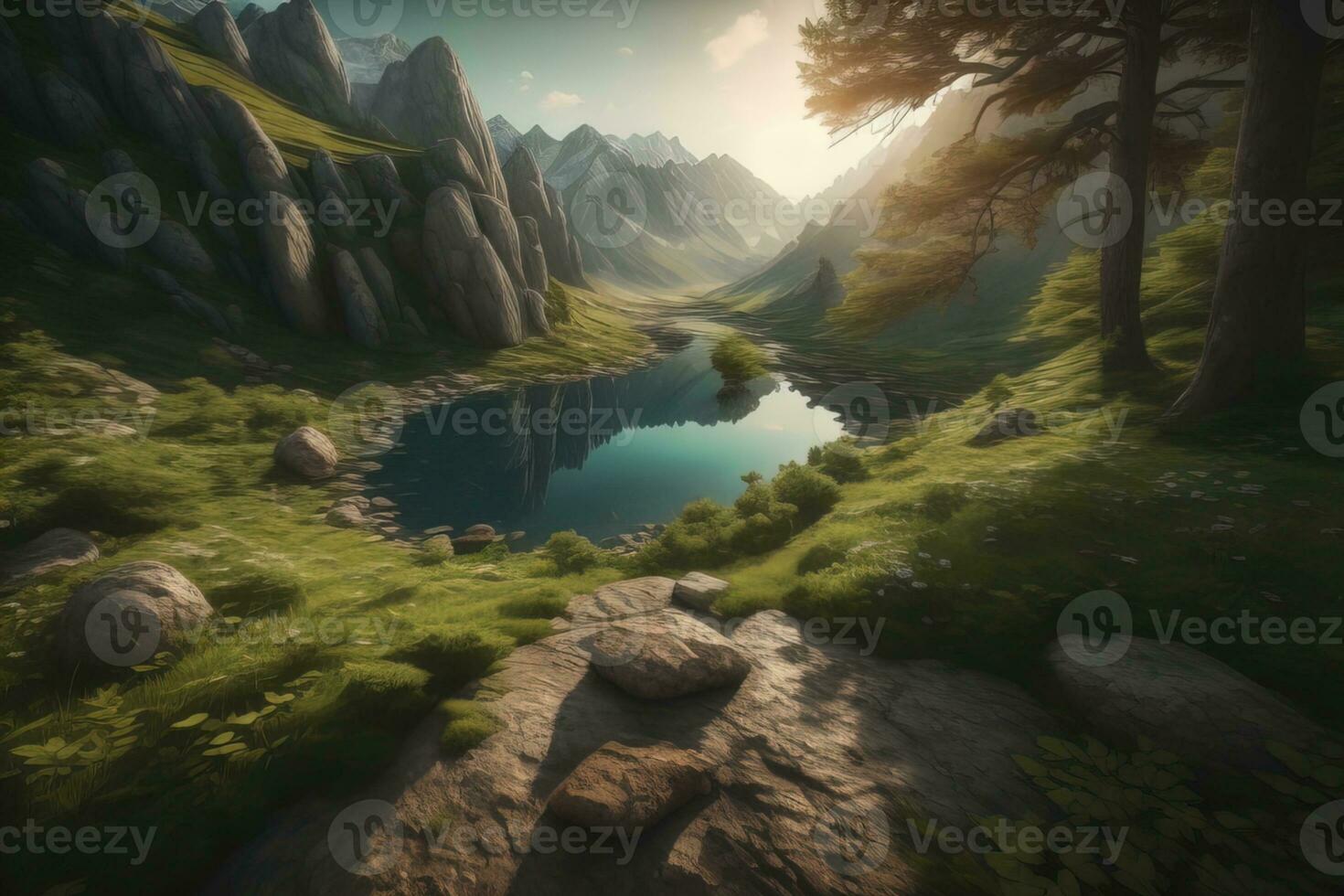 Beautiful fantasy landscape with a river in the mountains. ai generative photo