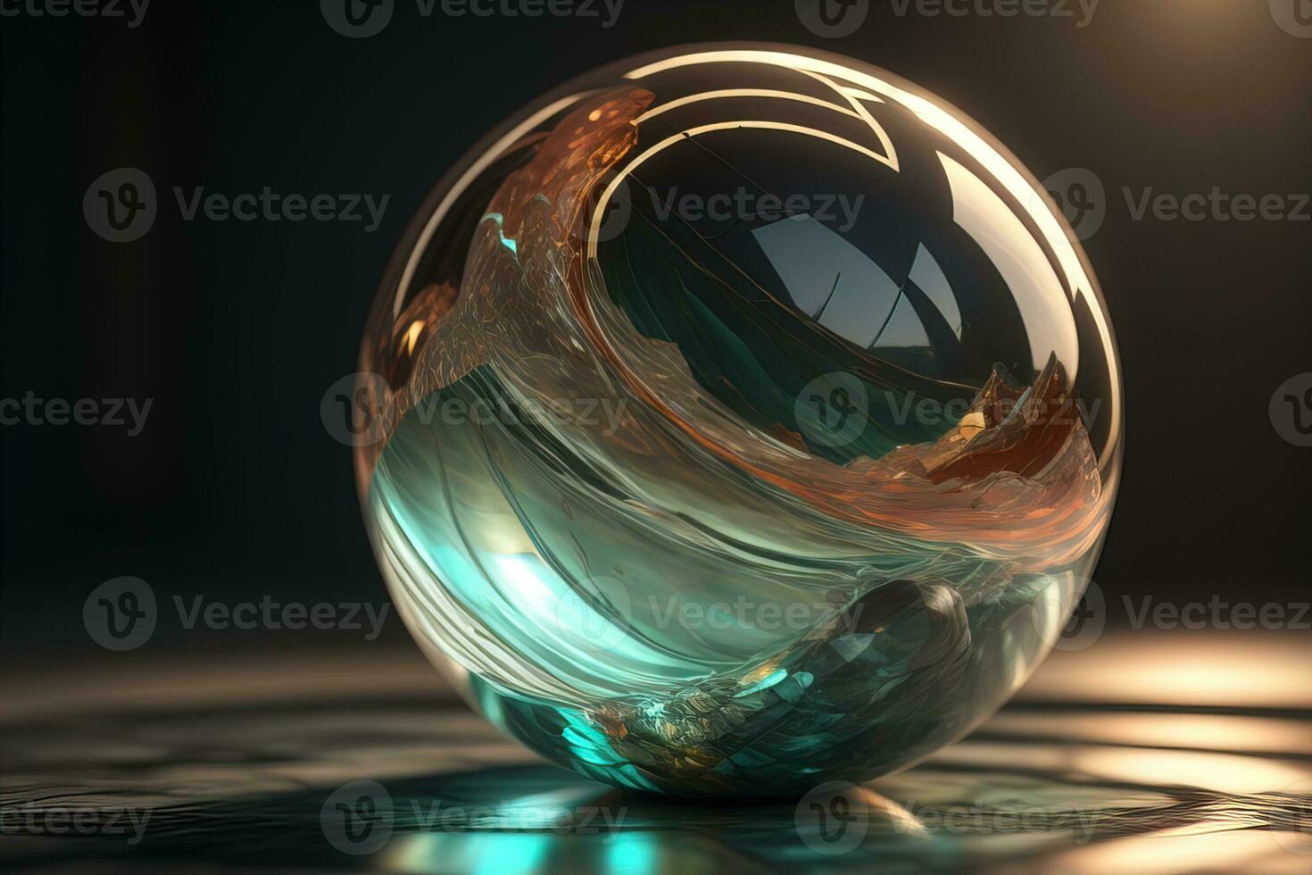 Transparent crystal ball on a wooden table. ai generative photo