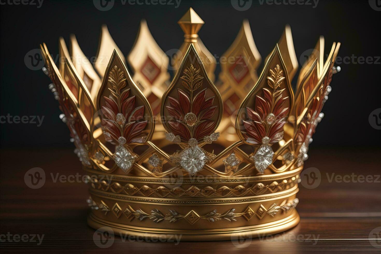 low key image of beautiful golden queen, king crown. ai generative photo