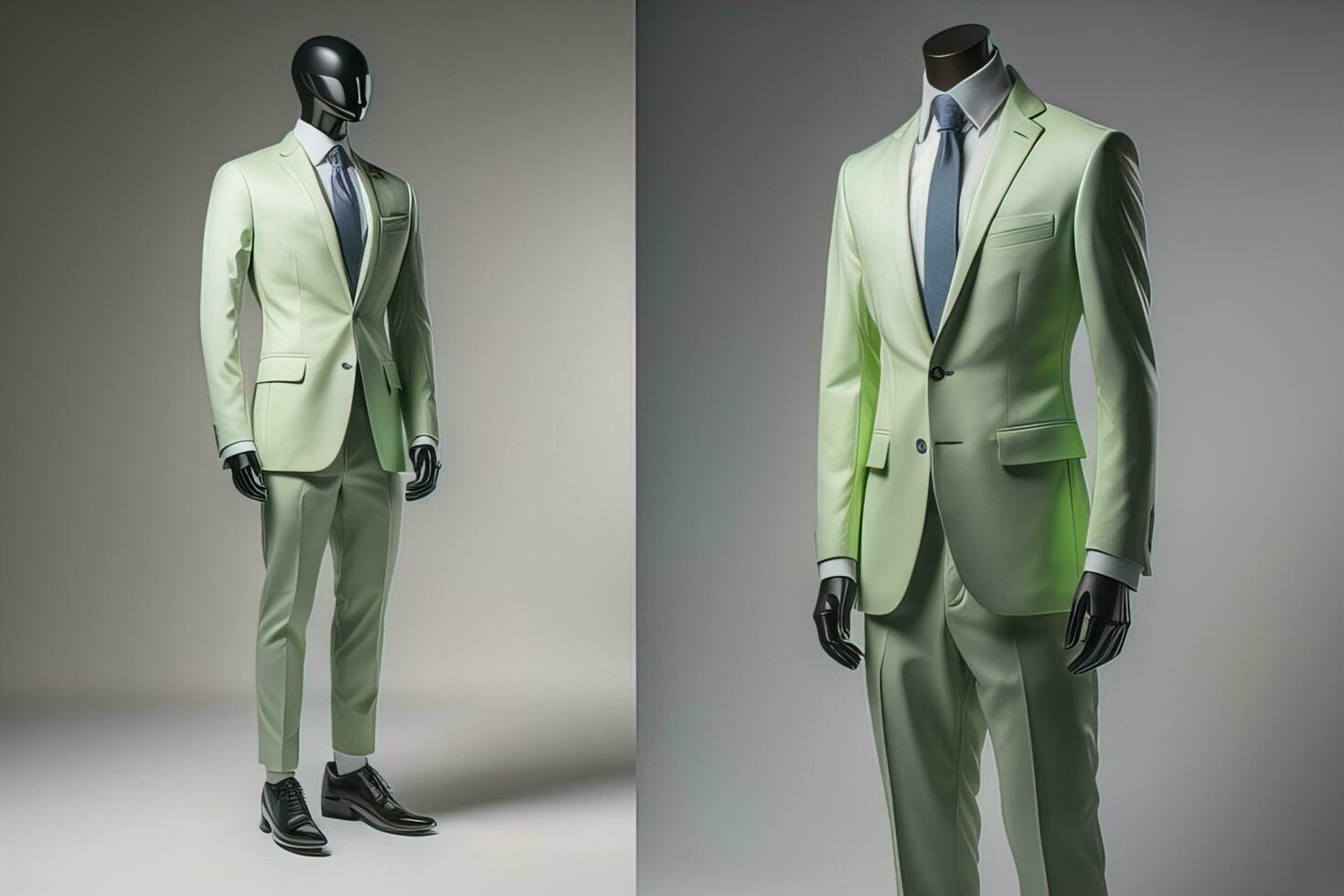 Stylish suits on mannequins on solid color background, closeup. ai generative photo