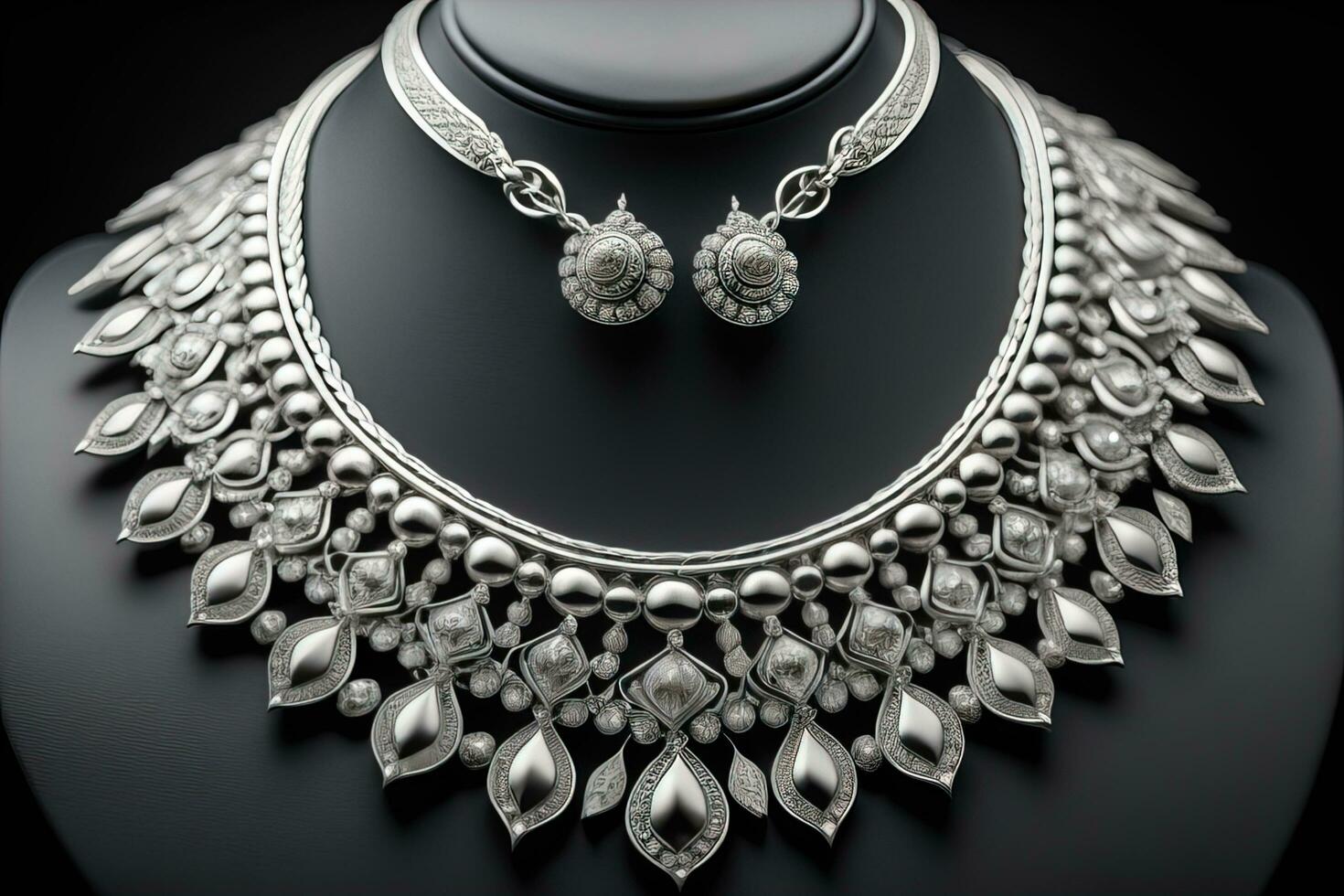 Silver necklace on a solid color background in close-up. ai generative photo