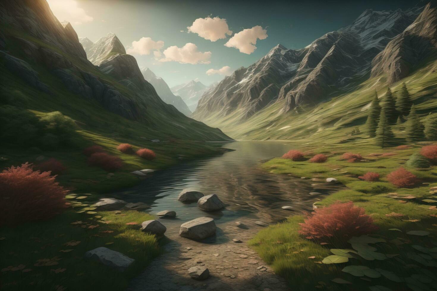 Beautiful fantasy landscape with a river in the mountains. ai generative photo