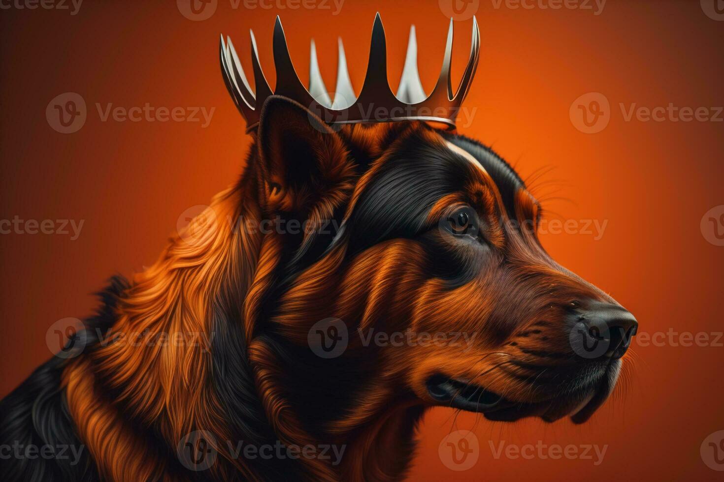 Portrait of a cute dog in a golden crown on a solid color background. ai generative photo