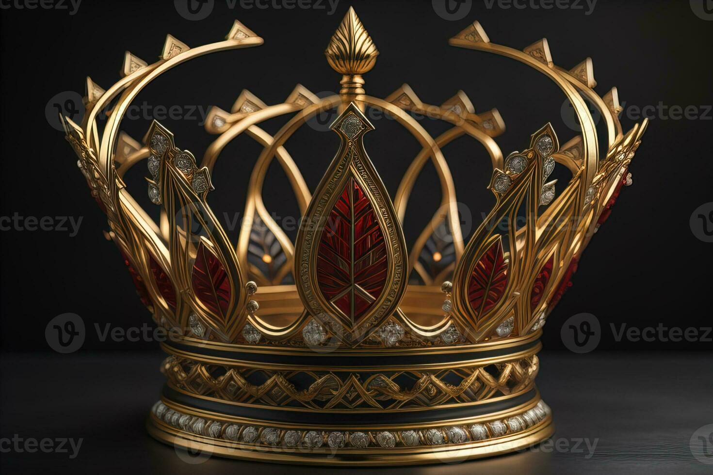 low key image of beautiful golden queen, king crown. ai generative photo