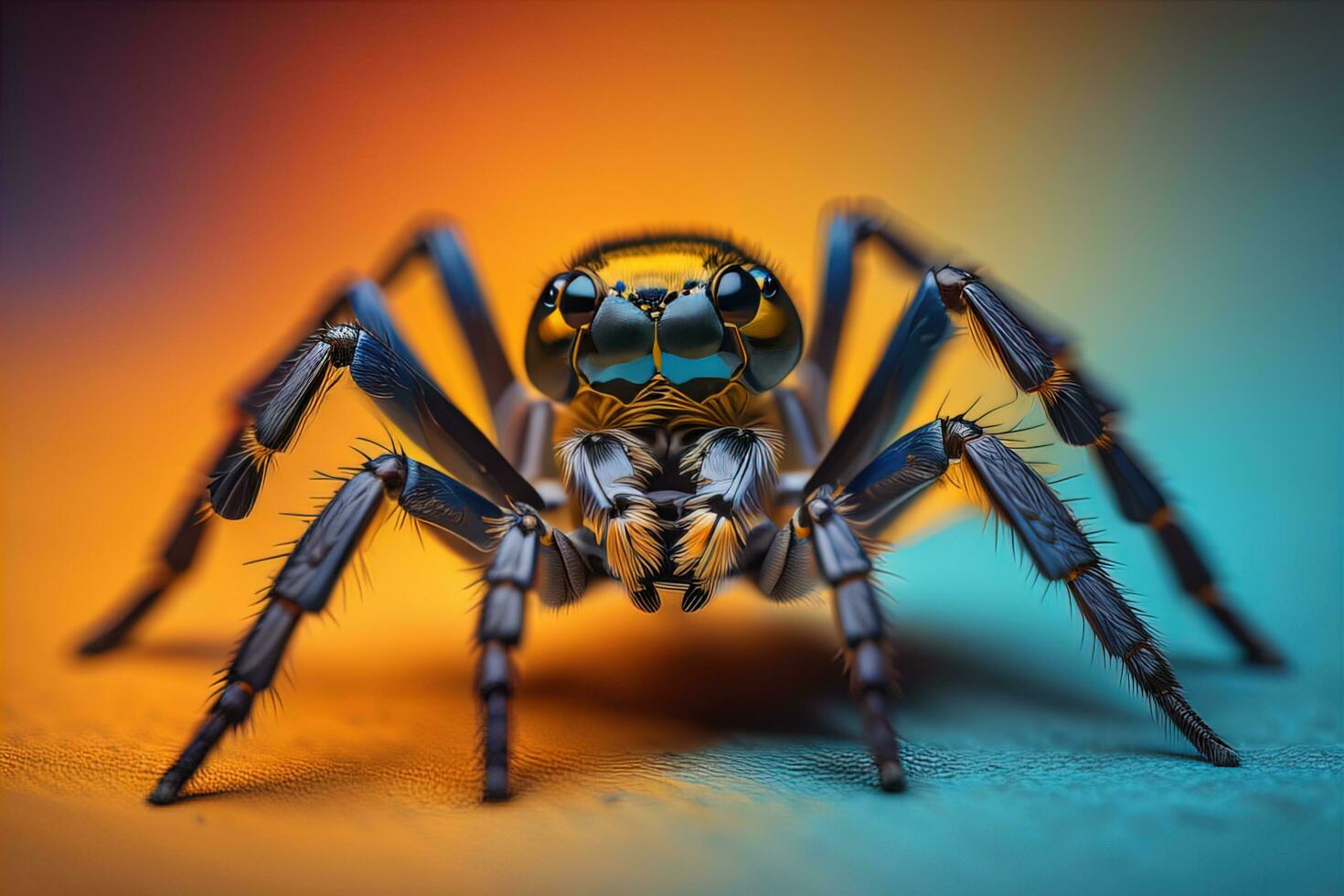 jumping spider closeup on solid color background, copyspace. ai generative photo