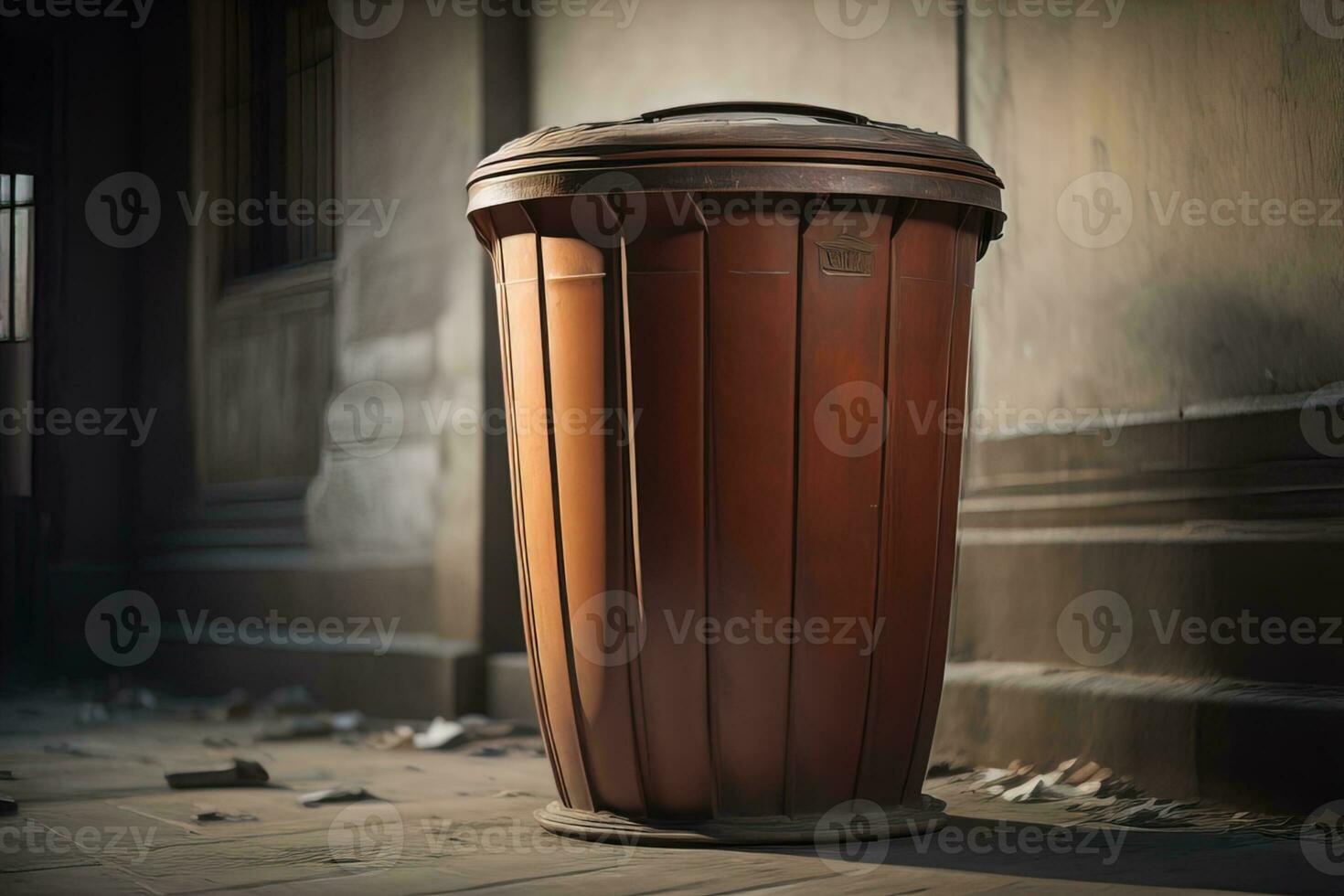 Garbage can on a colorful wall background, vintage color tone style. ai generative photo