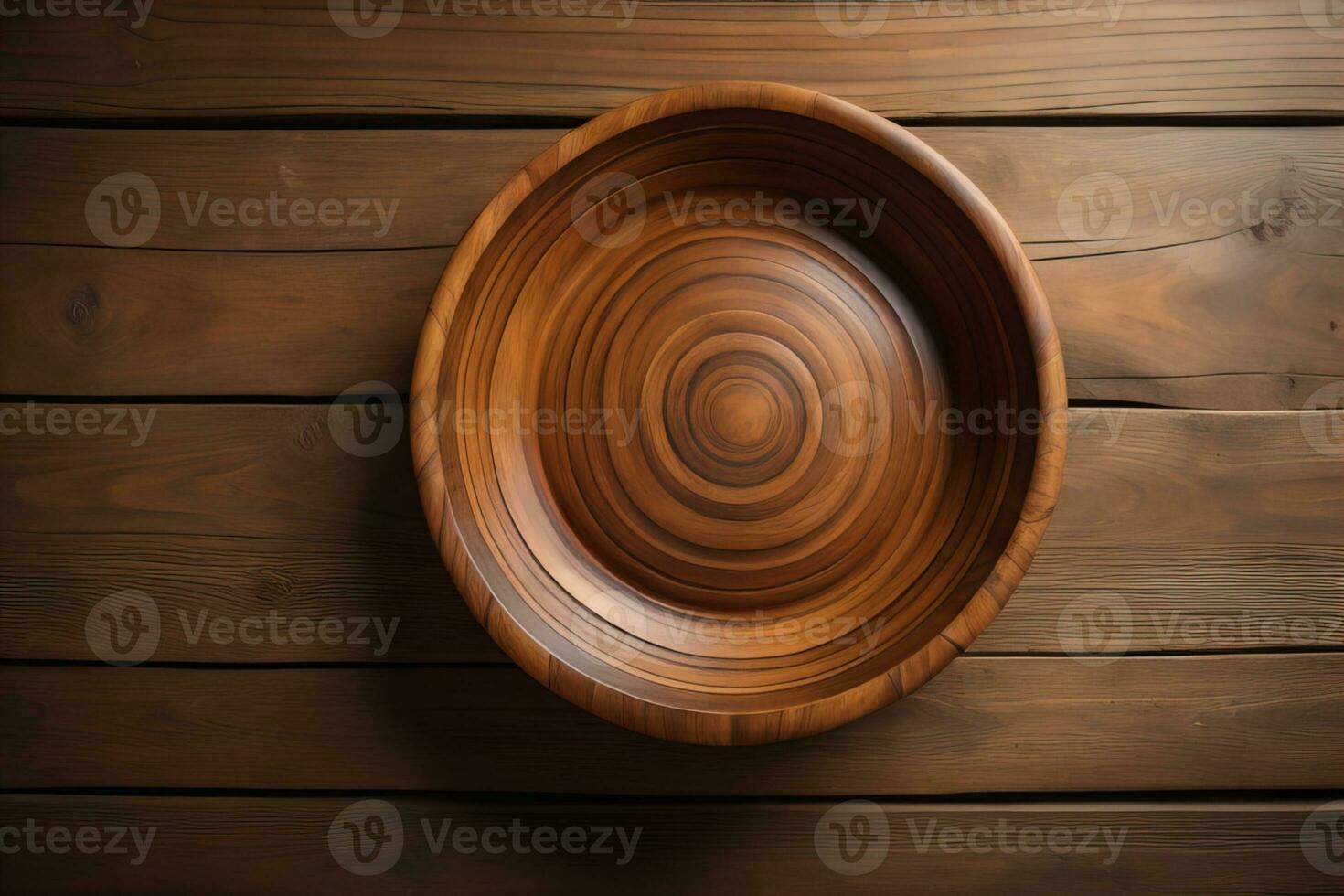 Empty wooden bowl on wooden background. Top view. Copy space. ai generative photo