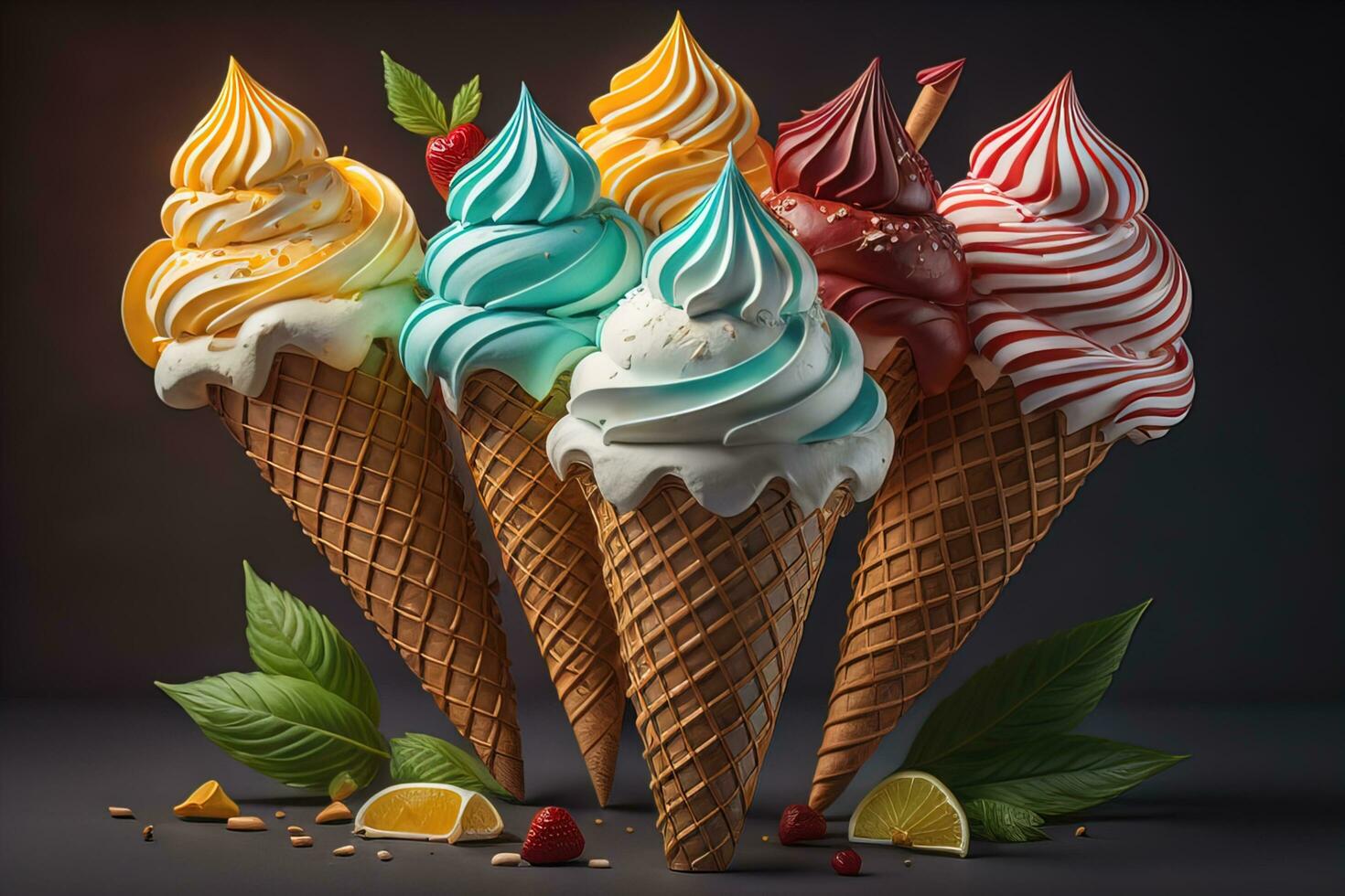 Ice cream in waffle cone on blue background, top view, flat lay. ai generative photo
