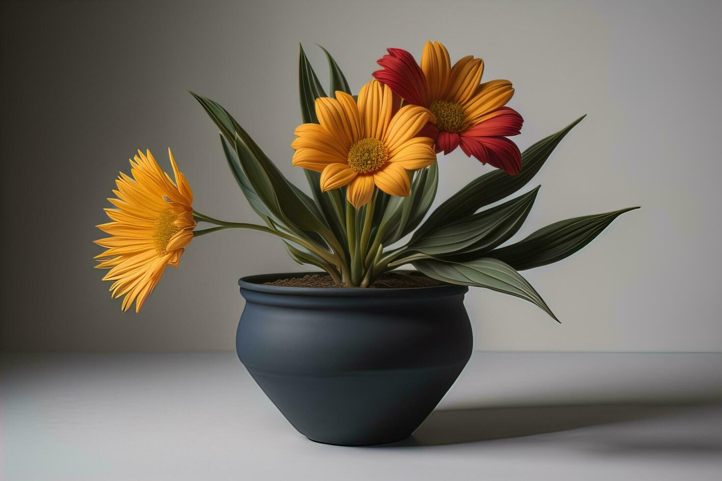Flowers in a pot on a solid color background. ai generative photo