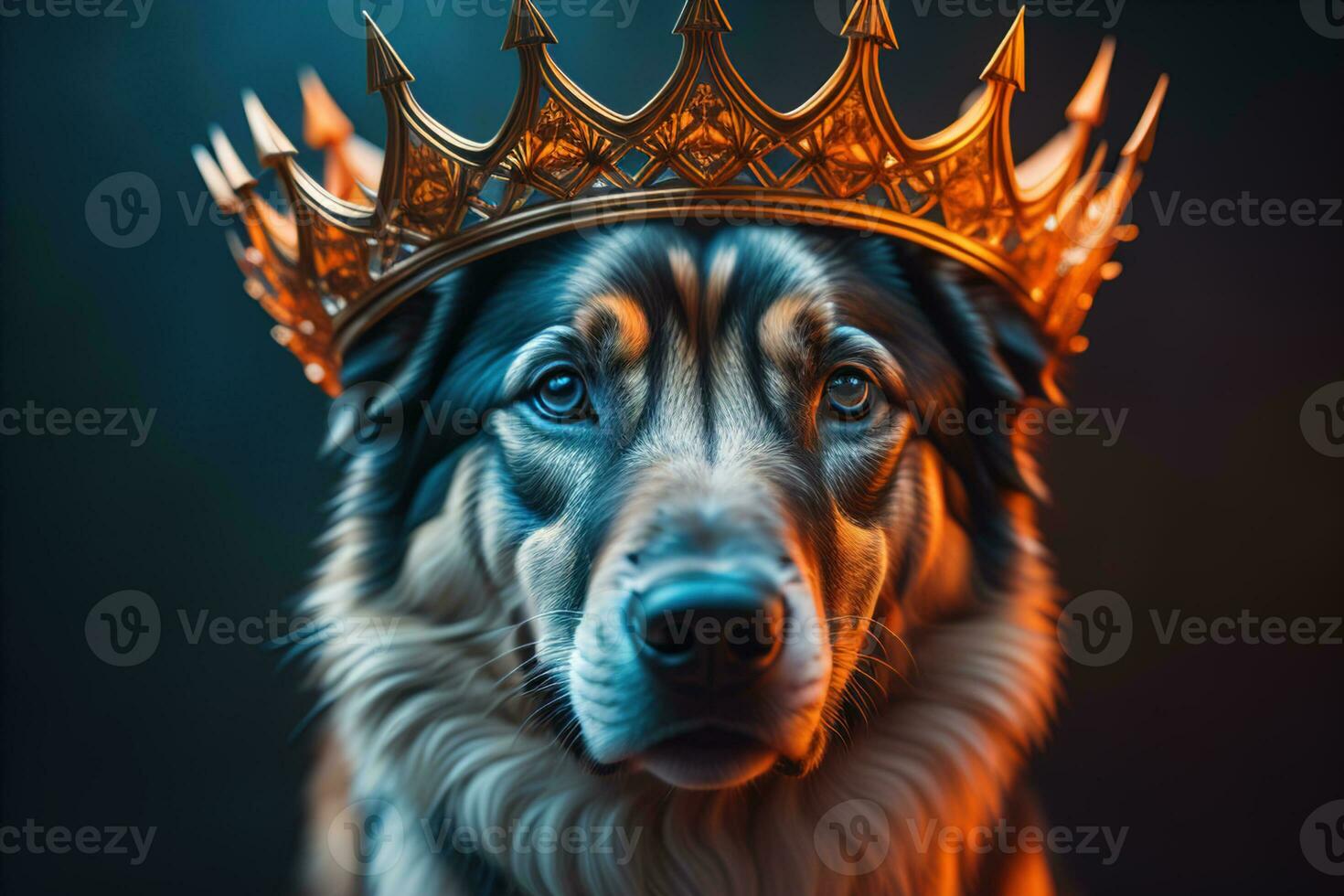 Portrait of a cute dog in a golden crown on a solid color background. ai generative photo