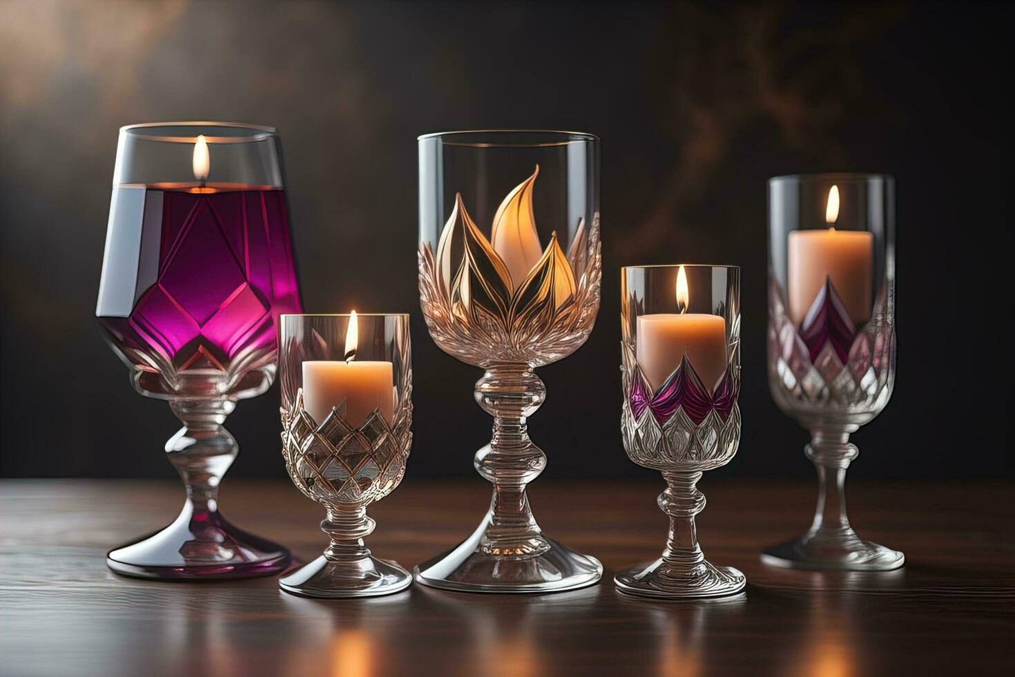 Burning candles in glasses on wooden table, closeup. Space for text. ai generative photo
