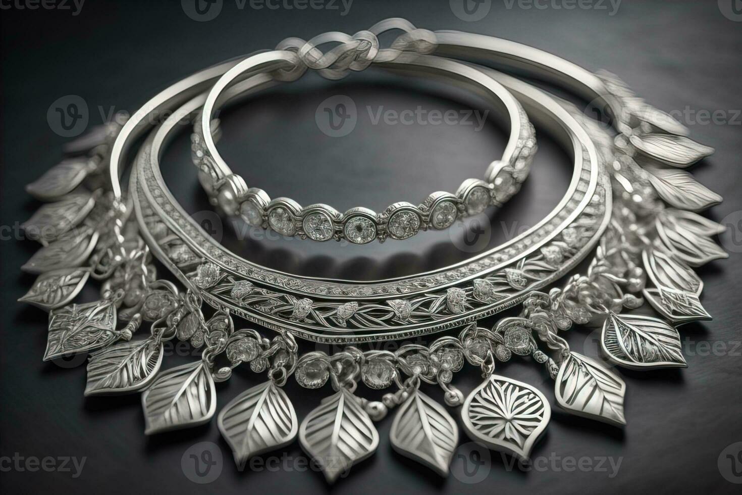 Silver necklace on a solid color background in close-up. ai generative photo