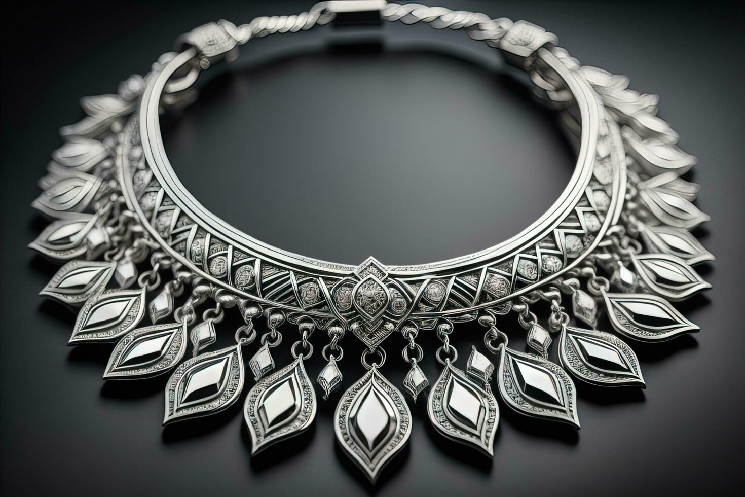 Silver necklace on a solid color background in close-up. ai generative photo