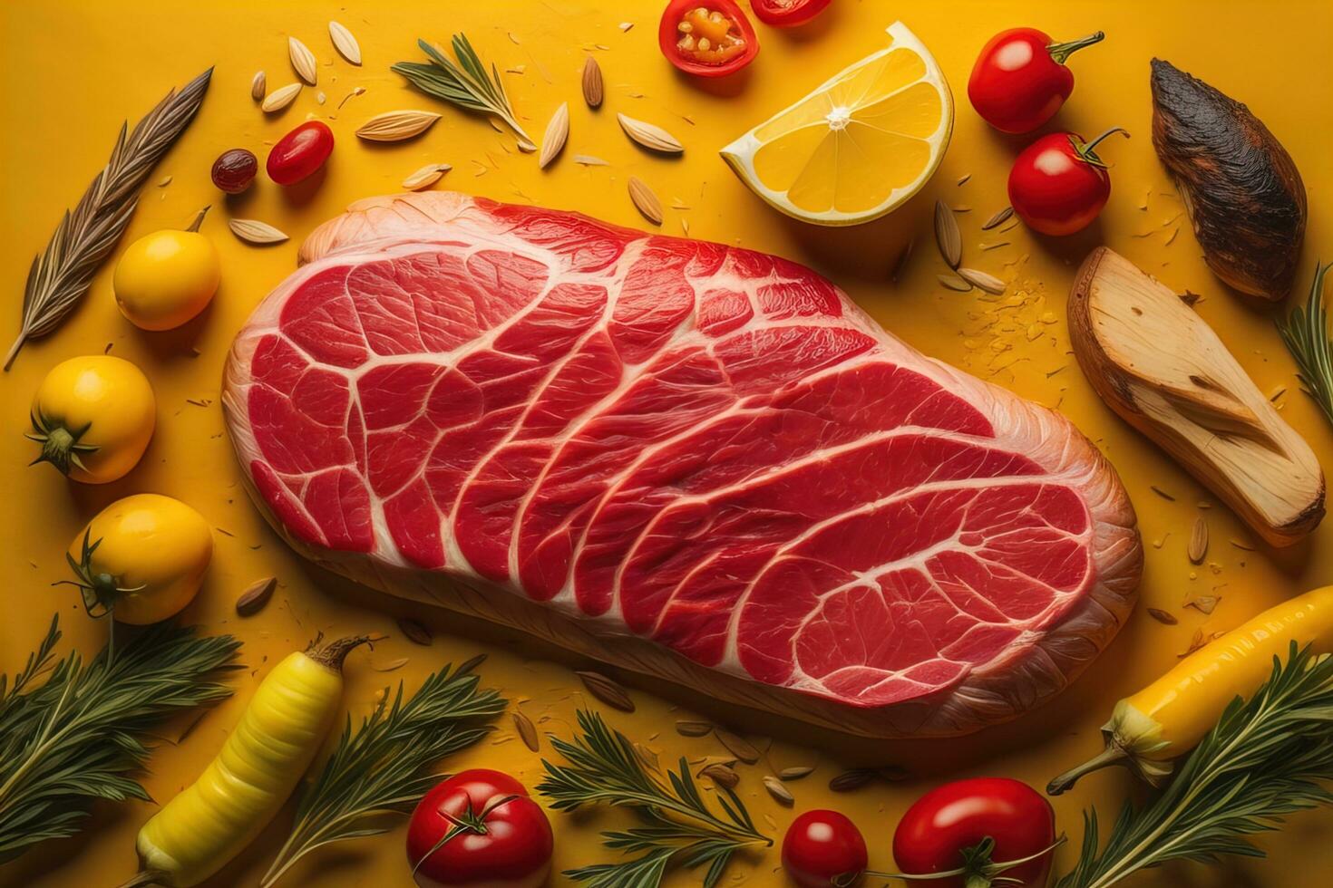 Raw beef sirloin steak with ingredients for cooking on wooden background. ai generative photo