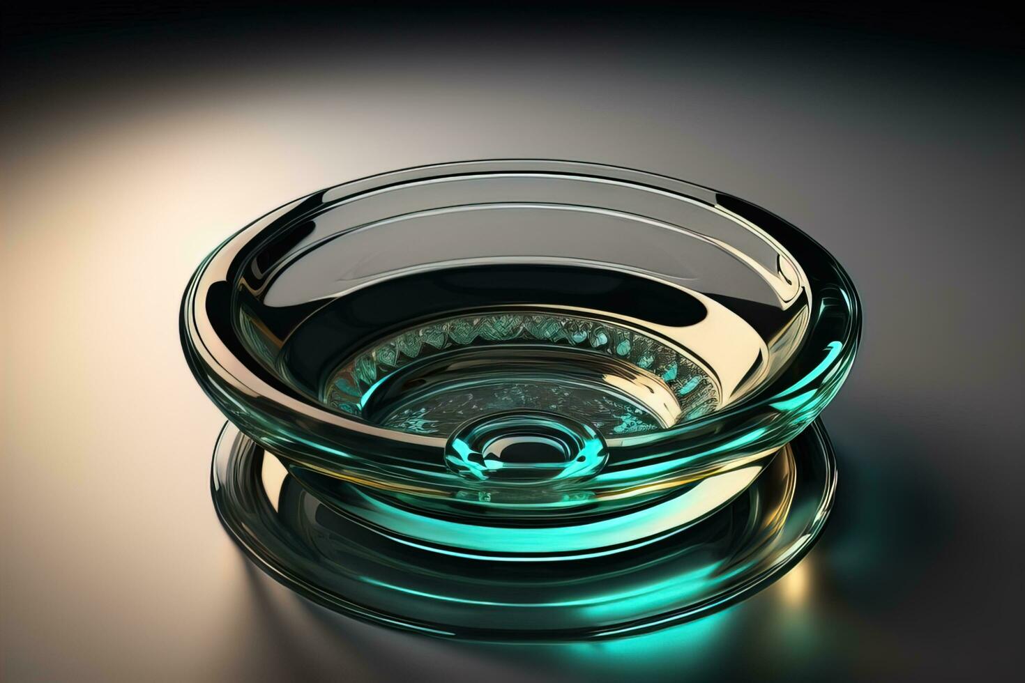 Empty glossy transparent ashtray on a dark background. ai generative photo